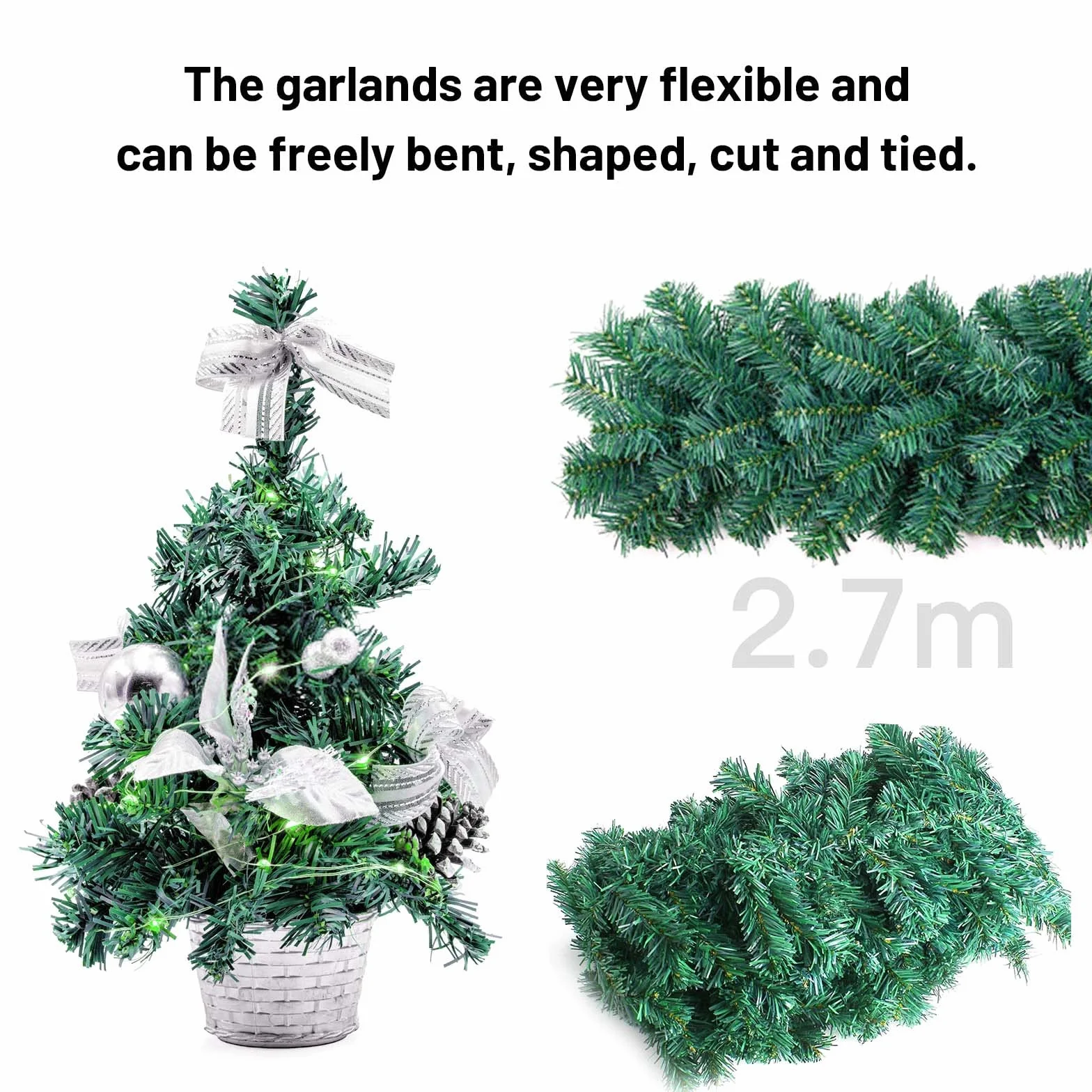 DATEFUN Guirnalda de Navidad Artificial, 2.7m PVC Guirnalda de Abeto Guirnalda de Pino, Navidad Decoradas al Aire Libre de Interior para la Fiesta de Navidad Chimenea Escalera (270 Puntas) (rutyna)