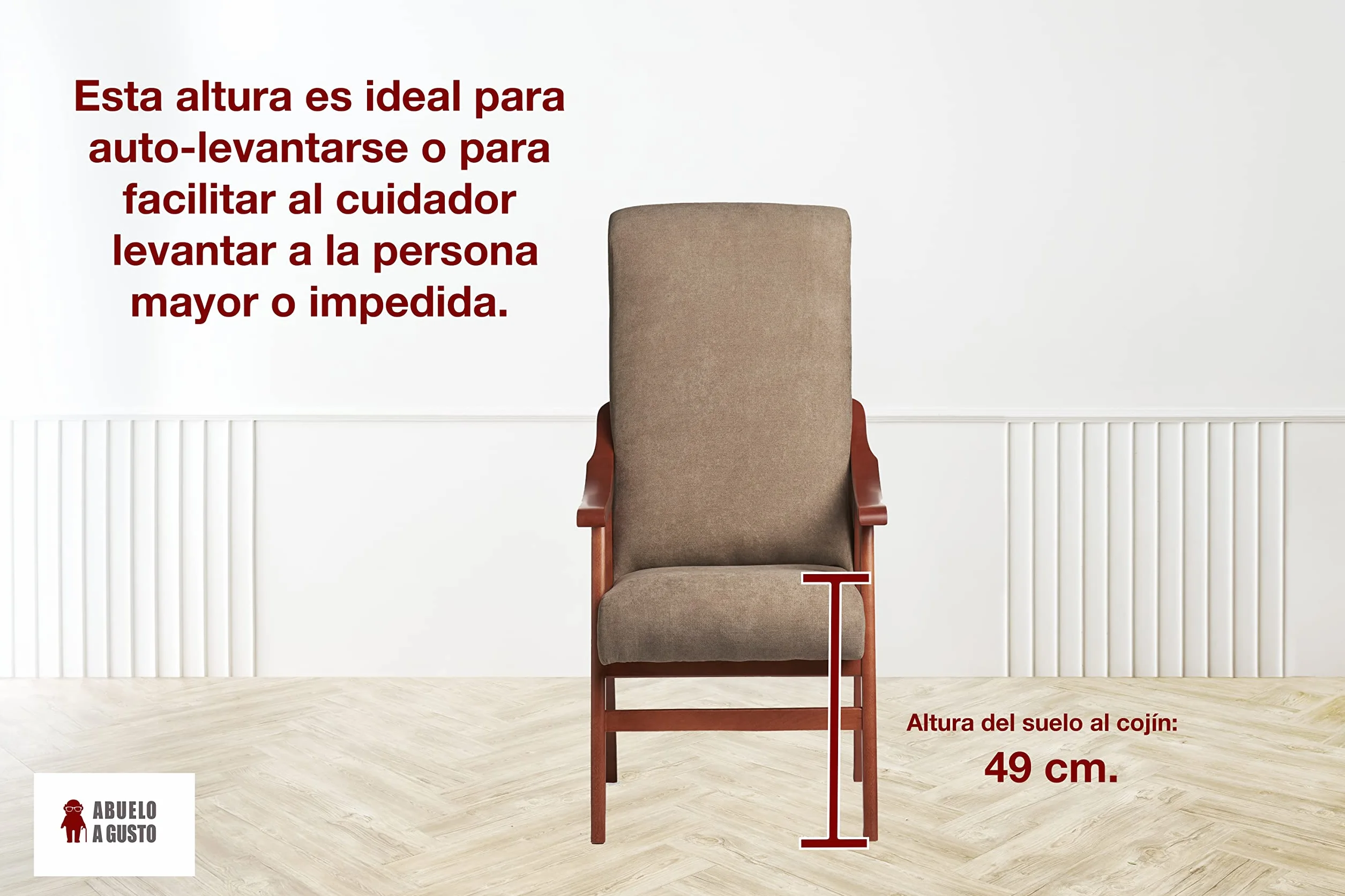 Silla con Brazos. Especial para geriátrico, Personas Mayores con la Espalda Recta. Tapizado en Tela o Polipiel. Color Tostado (Medidas: 115 * 55 * 68 cm.)