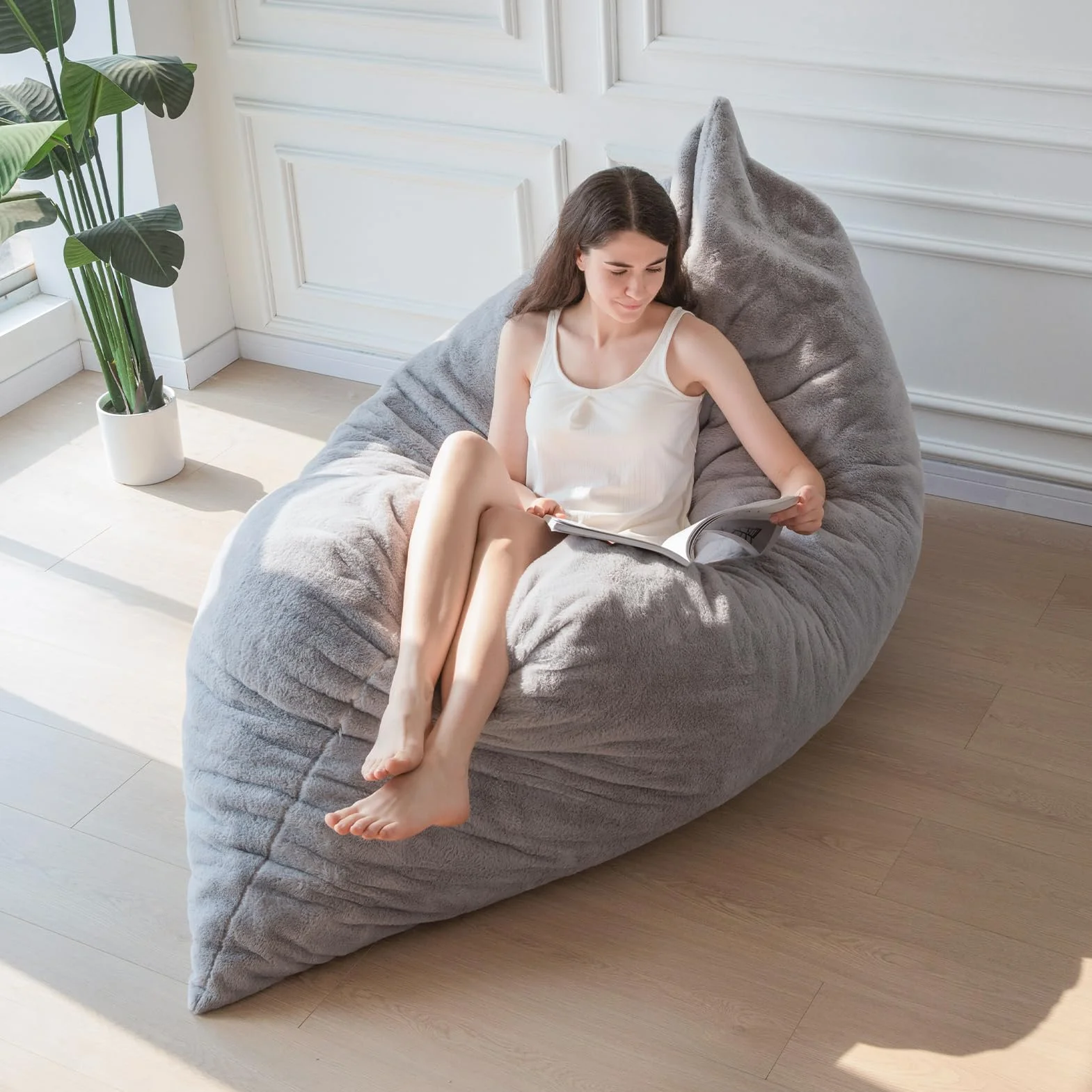 Maxyoyo Puf gigante convertible que se pliega de puf a cama, sofá grande con funda de felpa y relleno mullido incluido para adultos, parejas, invitados, color gris, doble