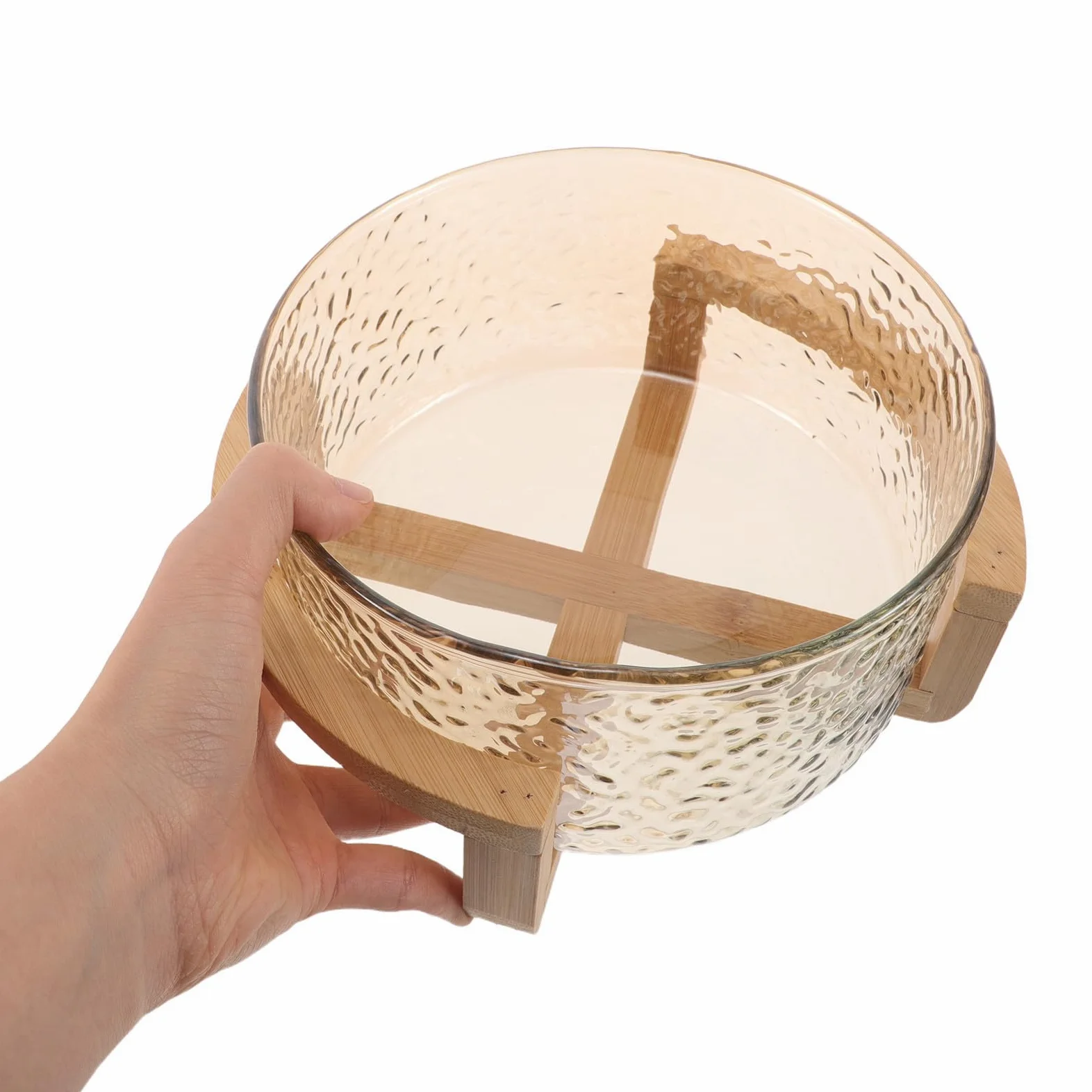 Bol de Ensalada de Vidrio con Efecto de Ondas de Agua y Soporte Seguro de Bambú Dorado, Elegante y Funcional para Uso Diario y Fiestas, Tamaño 21x17.5x10cm