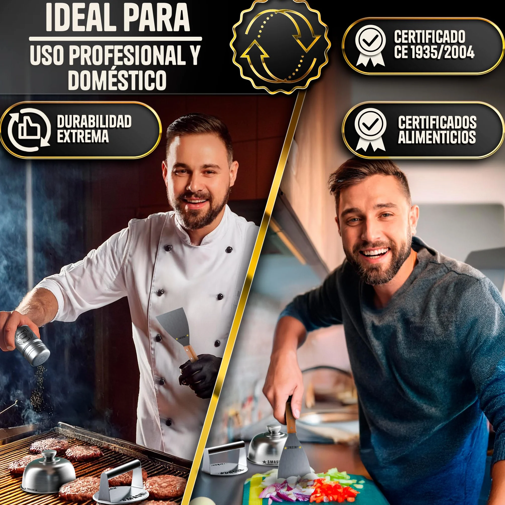 SMASHI® Smash Burger Kit Profesional Acero Inoxidable 304 Certificado EU Contacto Alimentos | Prensa Hamburguesas + 2 Espátulas con Mango de Madera + Accesorios | Incluye 25 Recetas (AVANZADO)