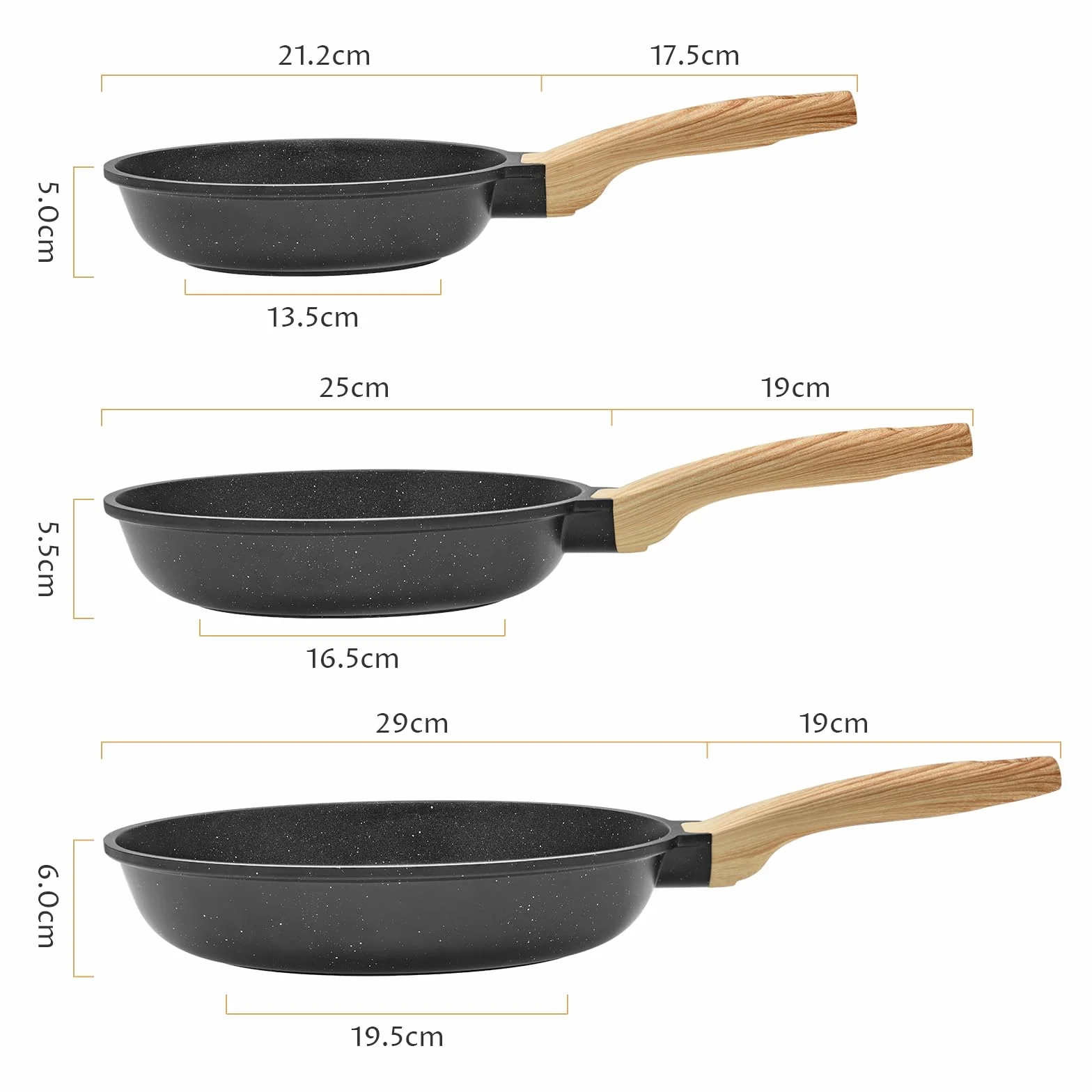 BLAZANT Juego de sartenes antiadherentes de inducción 20+24+28 cm, sartén de inducción para todas las cocinas, sartenes sin PFAS, fácil de limpiar, mango resistente al calor, granito