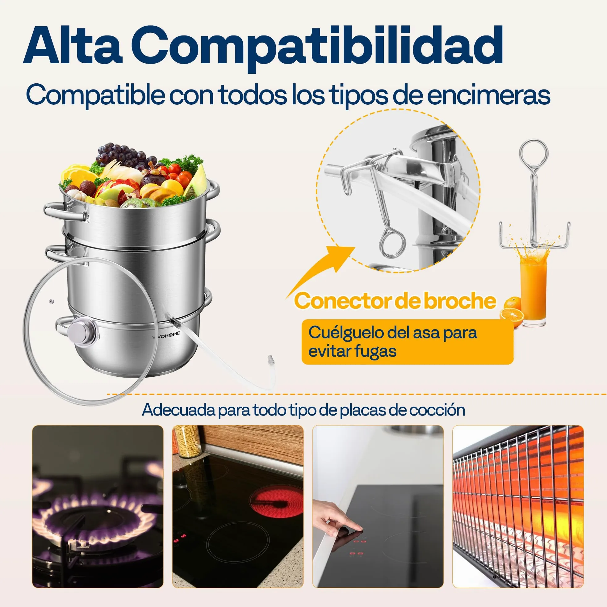 VIVOHOME Exprimidor de Vapor con Tapa de Vidrio 8L Extractor de Frutas | Ø 26cm, Acero Inoxidable, Verduras Casero con Tubo, Apto para Lavavajillas, para Todas las Cocinas, incluida Inducción