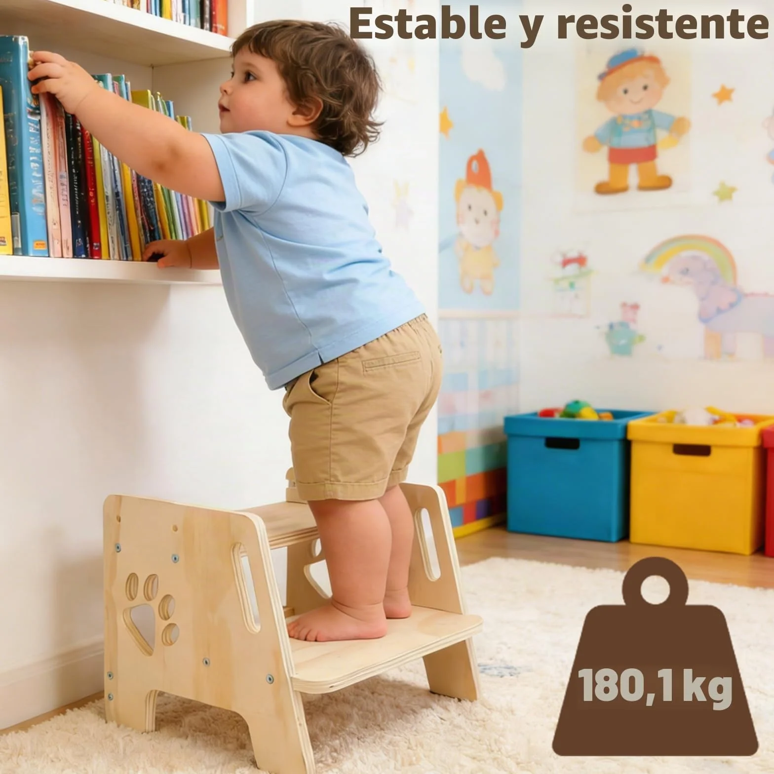 Escalón Infantil Taburete de Madera 2 Peldaños Altura Regulable con Asas Antideslizante
