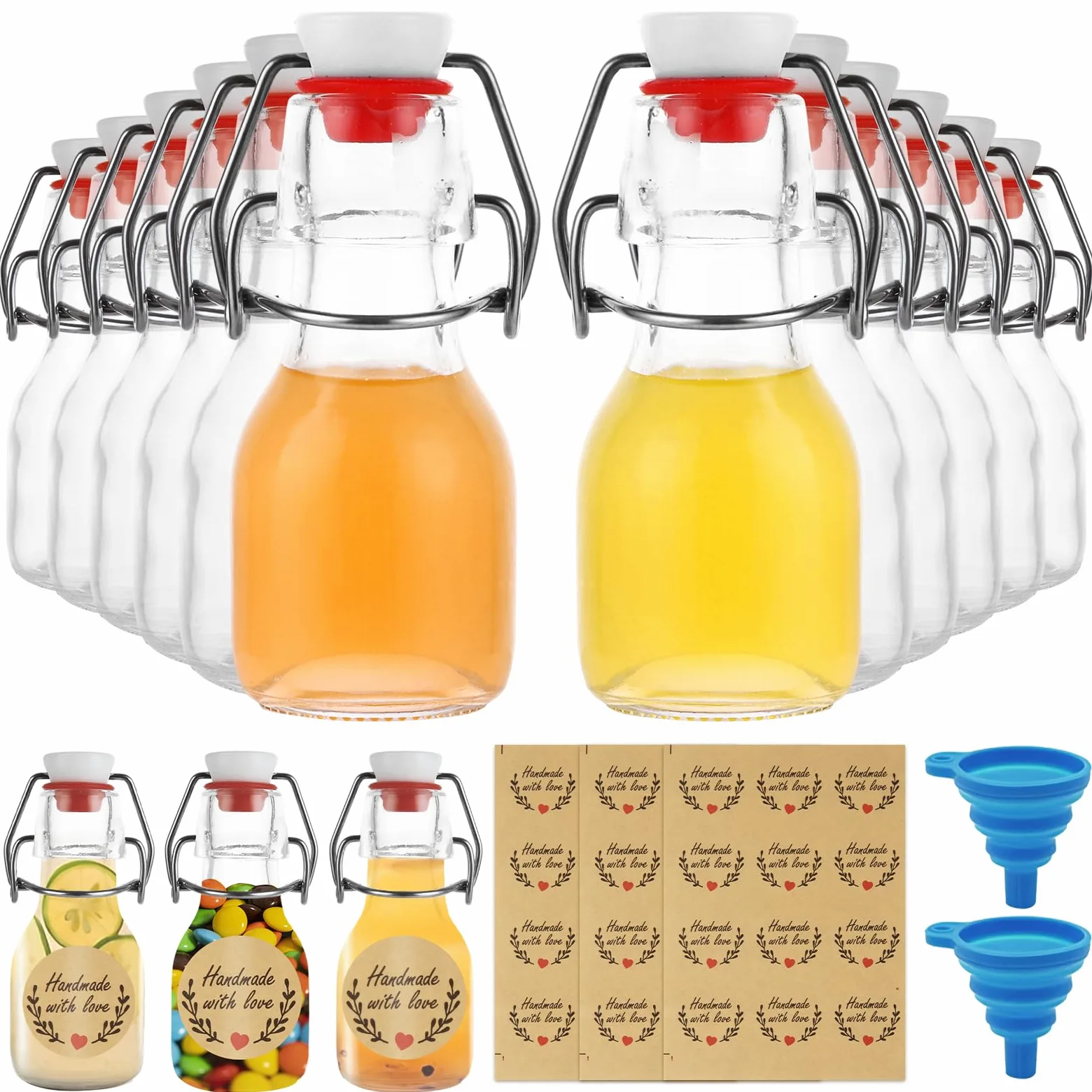 DAJAVE 30 botellas de cristal de 60 ml con cierre de clip, botellas pequeñas para rellenar, botellas de planchado para rellenar, incluye 2 embudos de silicona y 3 etiquetas, botellas de cristal para