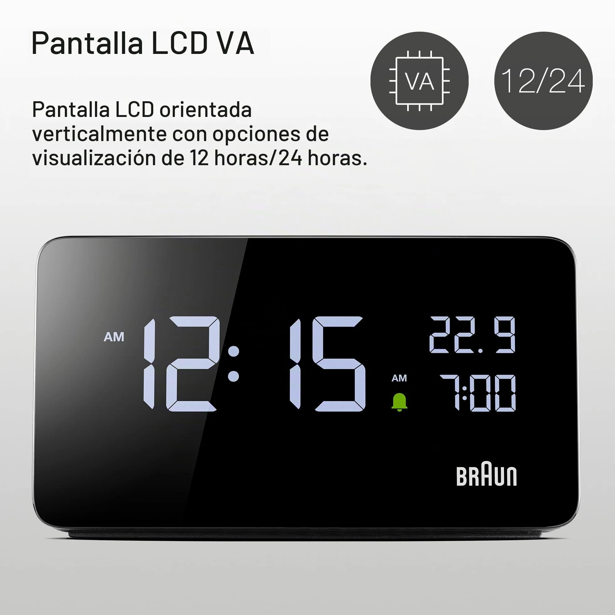 Braun Reloj Despertador Digital Pantalla LCD, 2 Puertos USB-C para Cargar Otros Dispositivos, visualización de Fecha y Hora, repetición táctil, configuración rápida, en Negro, Modelo BC20B.