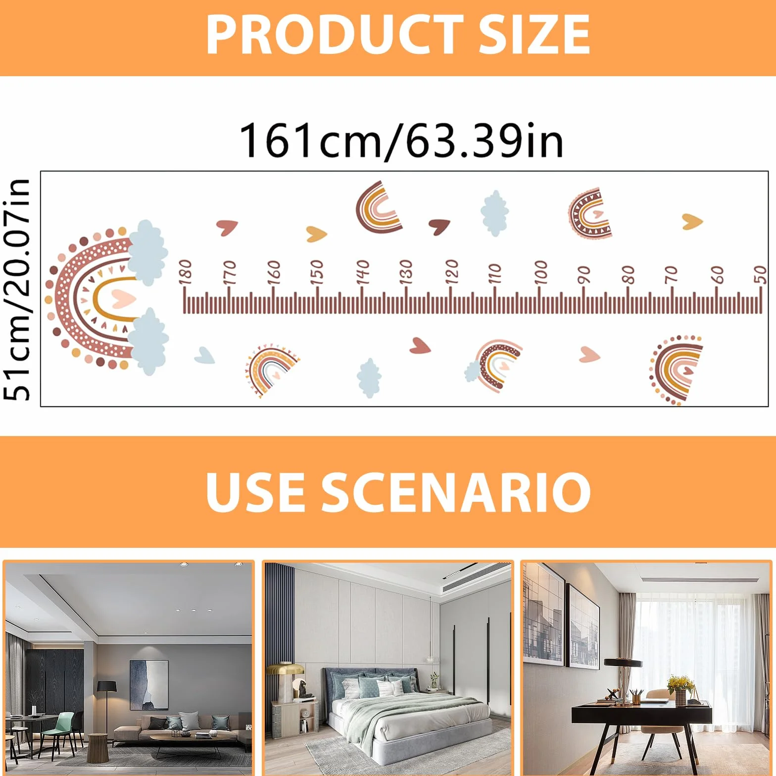 Medidor Niños Pared Tabla Crecimiento YIDM Altura Impermeable Autoadhesivo Infantil Decorar Dormitorio (Arcoíris)