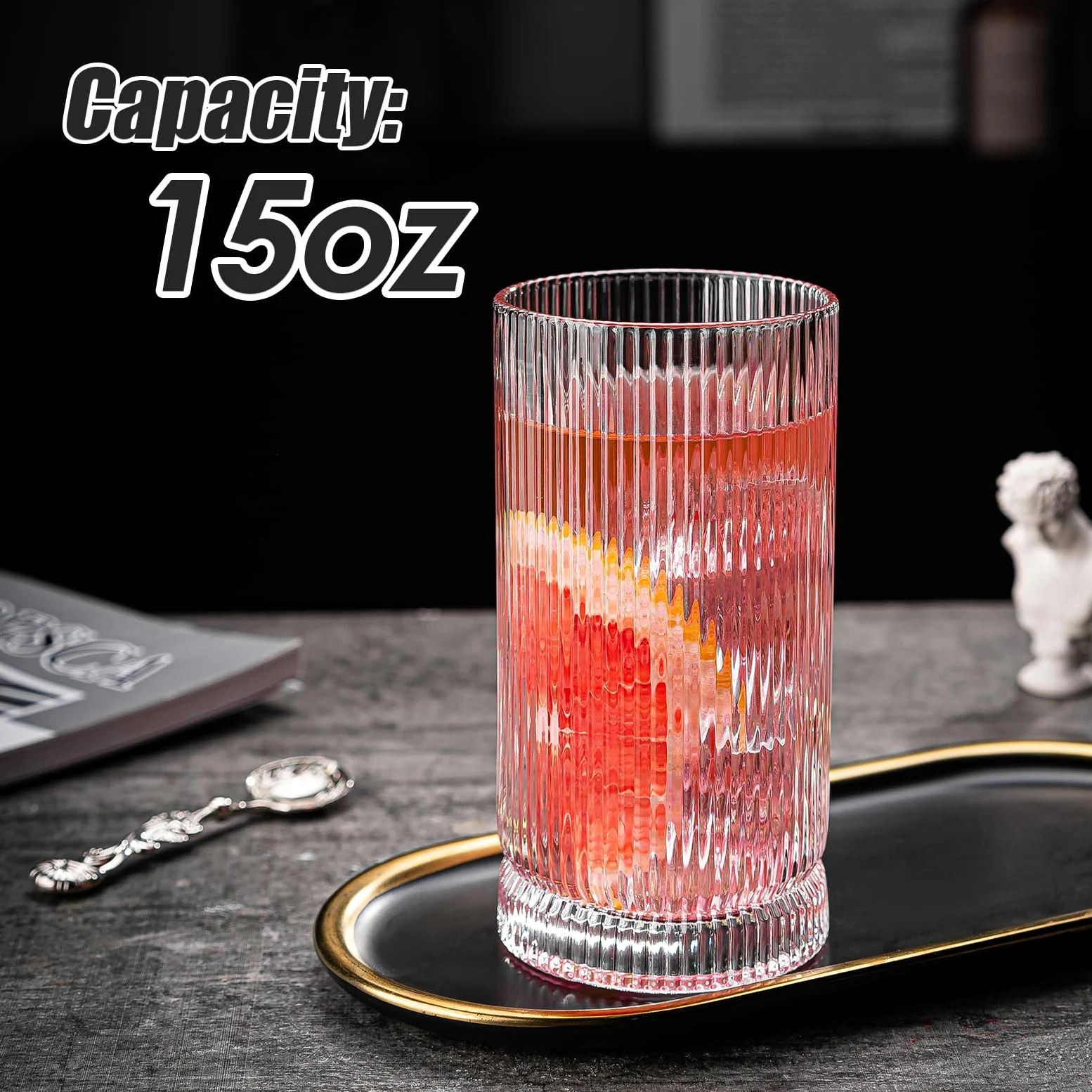 Vasos para beber, 8 vasos de vidrio estilo origami, vasos altos de 15 onzas, elegante cristalería vintage ondulada, vasos acanalados, vasos a rayas, vasos de café helado para cóctel, whisky,
