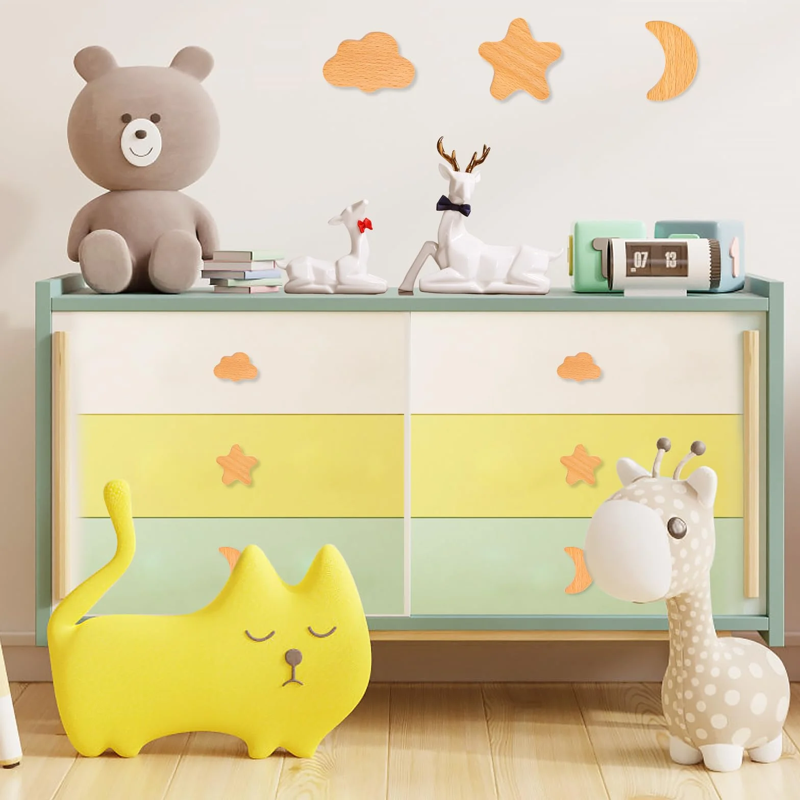 AKONE 6 pomos de madera para armarios infantiles, diseño de estrellas, luna, nubes de madera, para armario, cajones, decoración natural, cajón, habitación de los niños