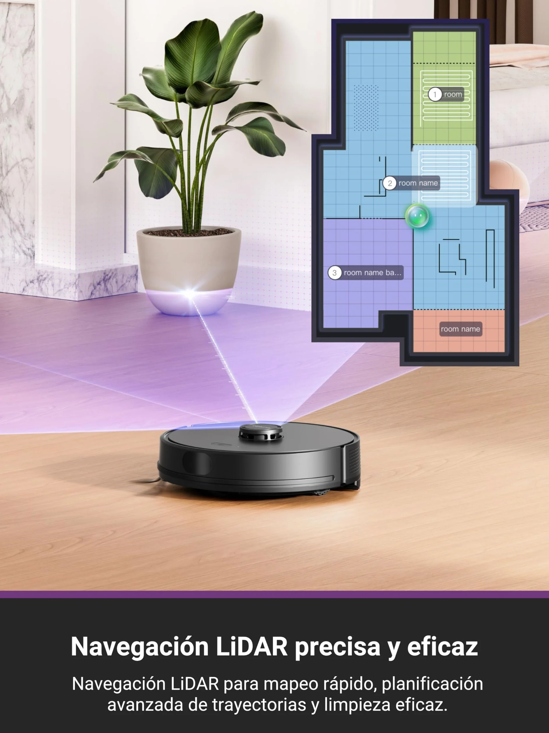 Eureka E6 Plus Robot Aspirador y Fregasuelos, 5000Pa Succión Potente, Base de Vaciado Automático 2.5L,Sistema LiDAR preciso, Control por App, Diseño Anti-enredo, Ahorrador de Espacio,Mapa Multicapa