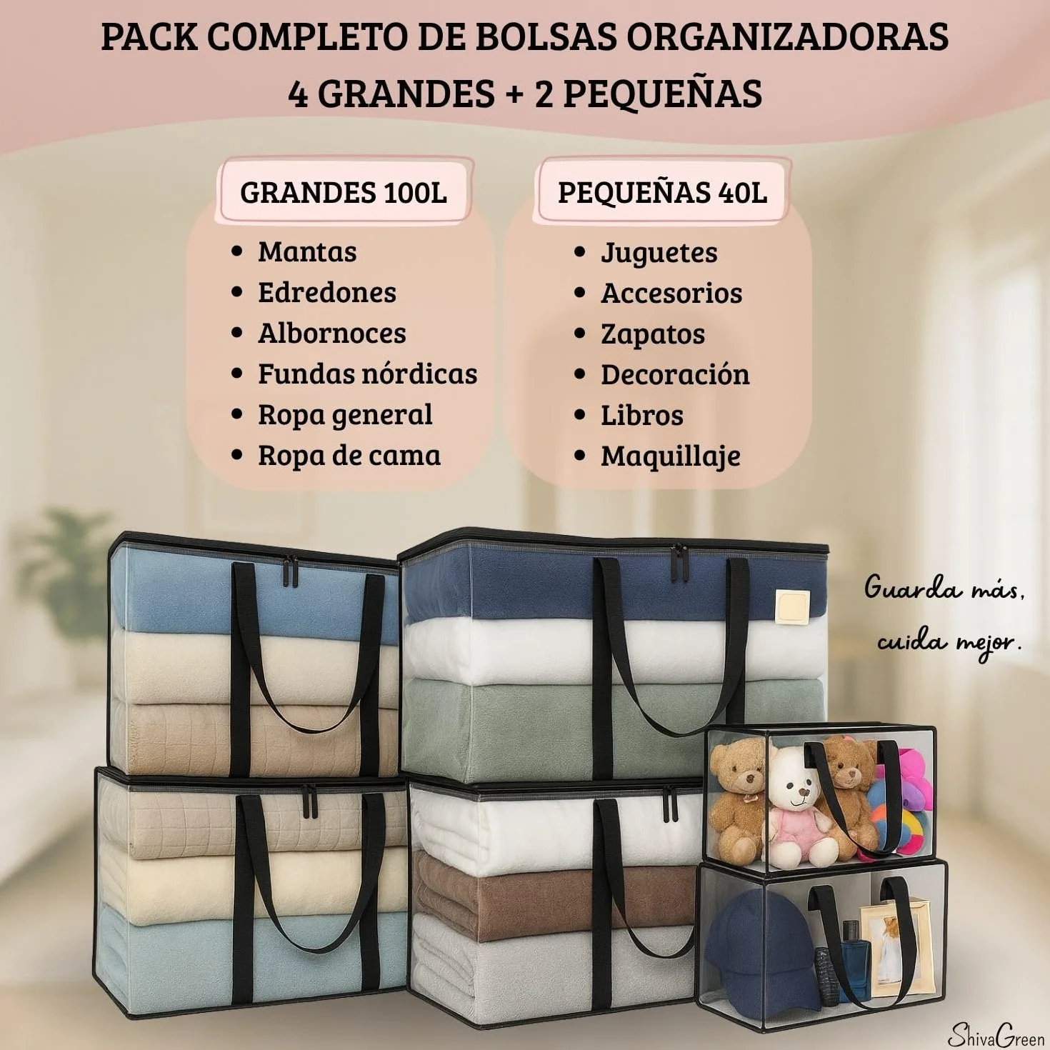 Bolsas de Mudanza Grandes 4+2 Pequeñas – Resistentes con Cremallera Doble y Asas Reforzadas – Impermeables, Plegables y Reutilizables – Alternativa a Cajas de Mudanza y Almacenaje Ropa