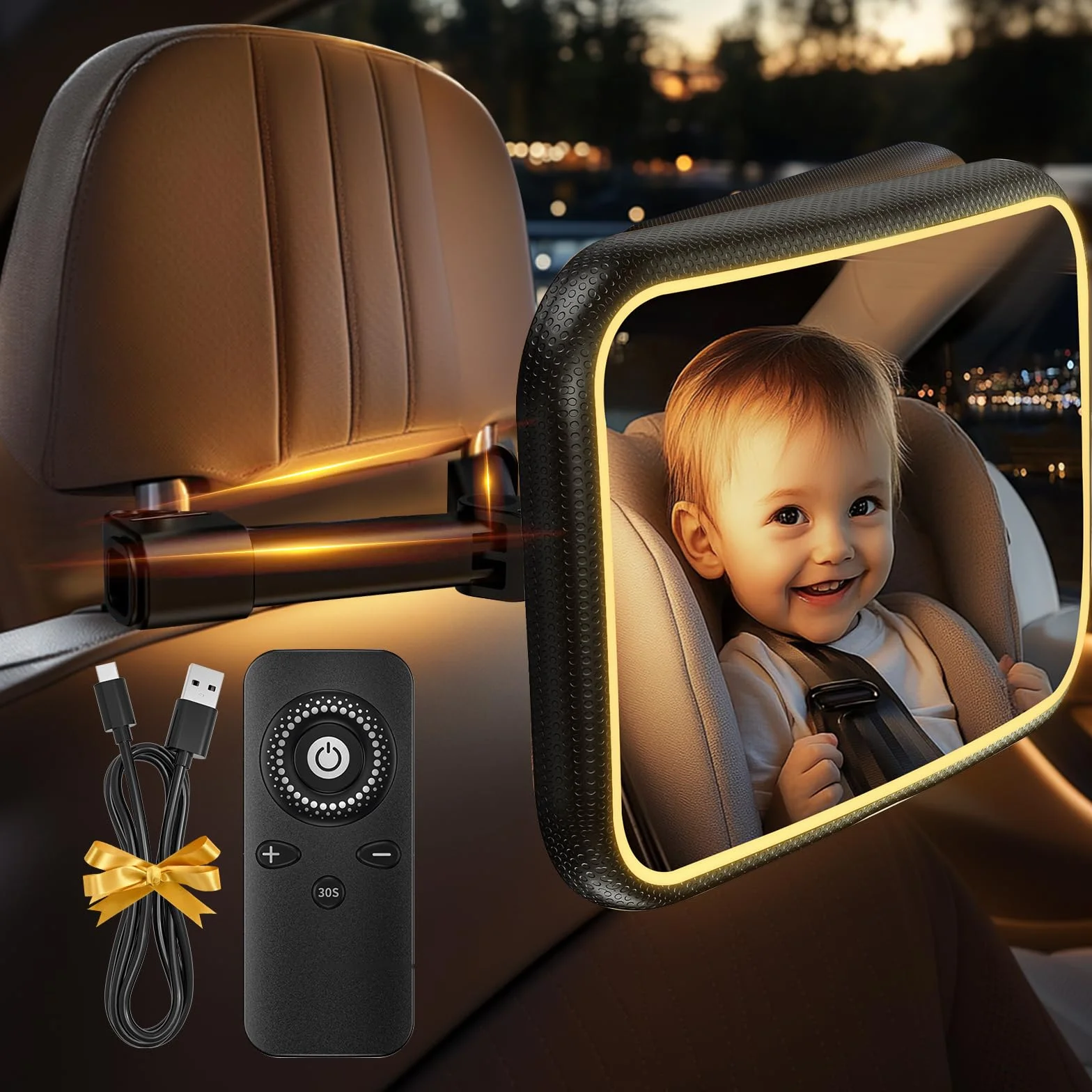 Espejo Retrovisor de Bebé con LED, Espejo Coche Bebé Asiento Trasero 100% a Prueba de Roturas Luz LED Espejo Retrovisor Coche Bebé 360° Giratorio con Clip de Gancho y Mandos a Distancia