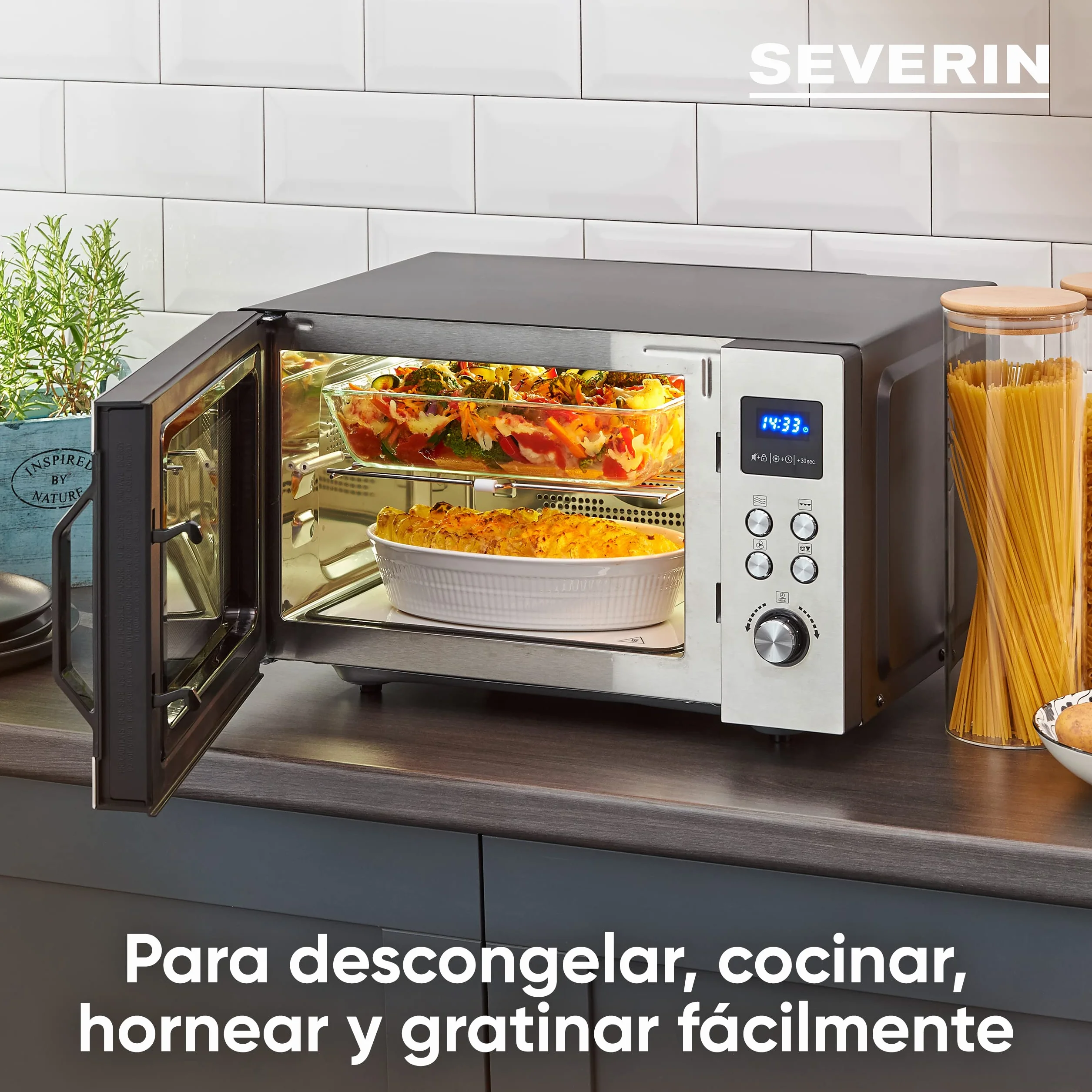 SEVERIN Microondas 3 en 1, microondas con grill, convección y base de vidrio, microondas digital amplio para platos cuadrados, acero inoxidable/negro mate, MW 7777