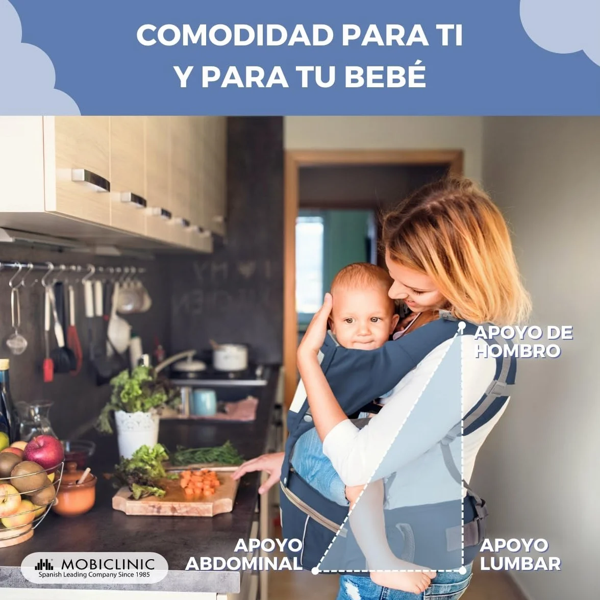Mobiclinic® Mochila portabebés 6 en 1 Moley Multiposición Plegable Algodón premium suave 0-36 meses azul marino