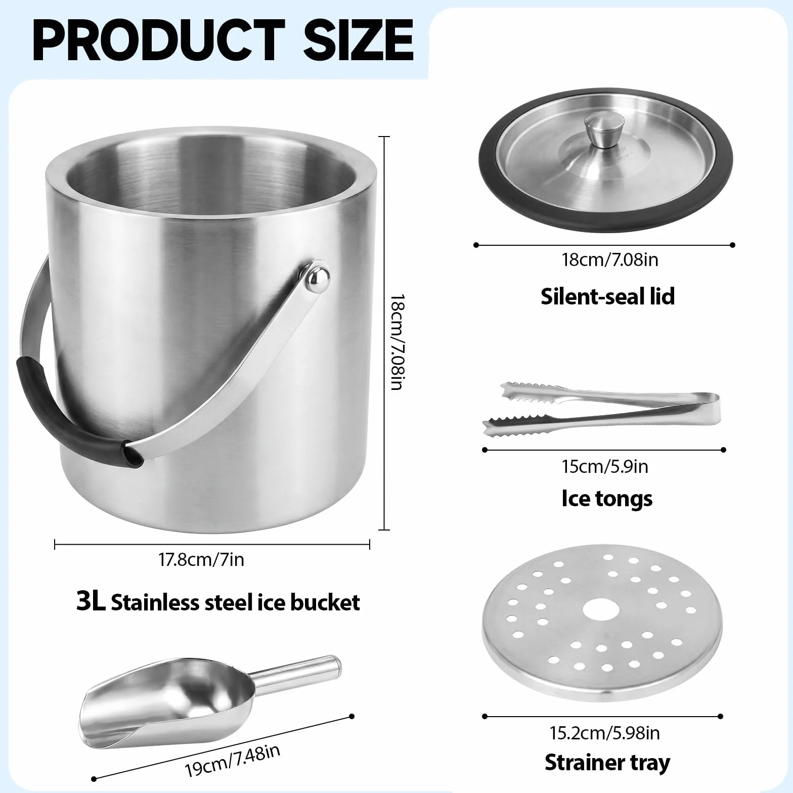 3L Cubitera de Acero Inoxidable, Cubo de Hielo con Tapa, Cuchara, Filtro y Clip Cubitera Aislado de Doble Pared Portátil Contenedores de Hielo para Fiestas, Restaurantes, Picnics, Vino