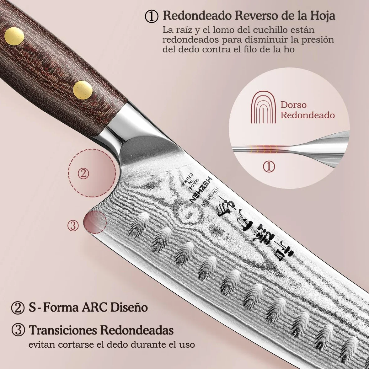HEZHEN Cuchillo Santoku con Funda de Madera, Cuchillo de Chef Estilo Japonés Cuchillo Gyuto, Hoja de Acero Damasco de Alto Carbono, Full Tang Mango de Micarta