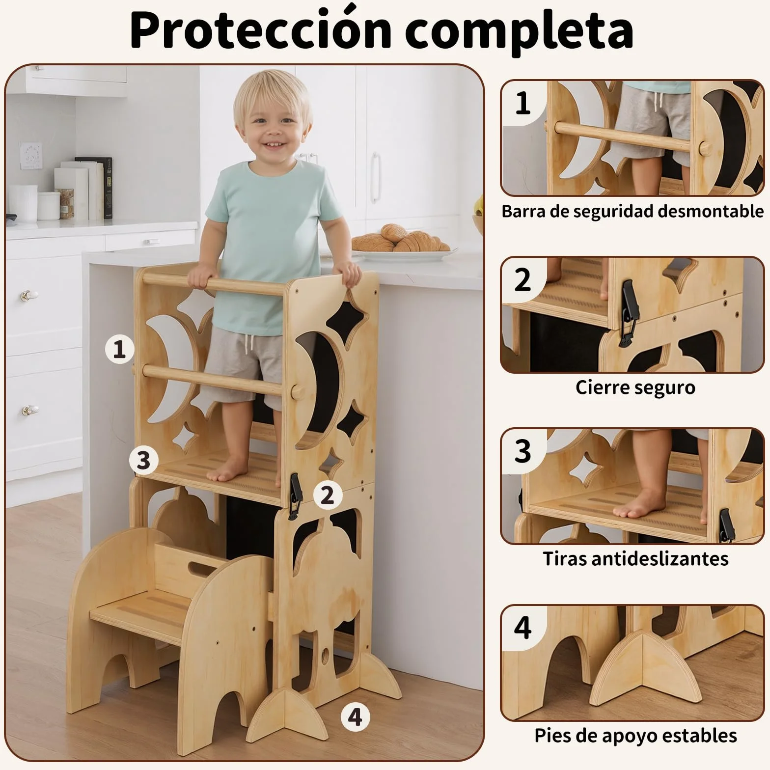 COSYLAND Torre de Aprendizaje Infantil 4 en 1 con Barandilla de Seguridad, Plegable, Doble Pizarra, Natural
