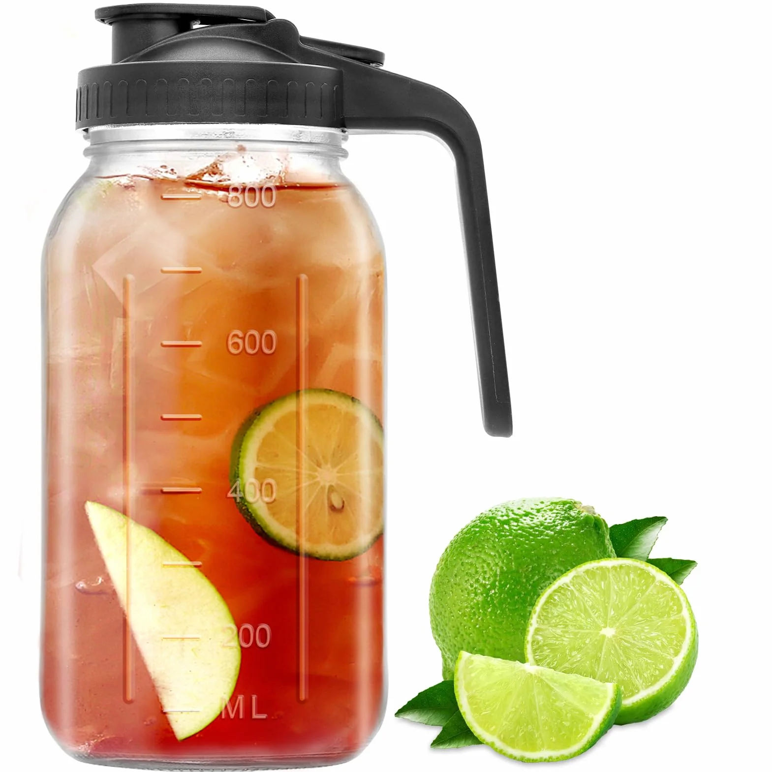 Jarra de vidrio de 32 onzas con boquilla de vertido y asa, jarra de boca ancha a prueba de fugas para café frío, té helado, jugo, limonada, té solar, bebidas de frutas, tapa hermética para
