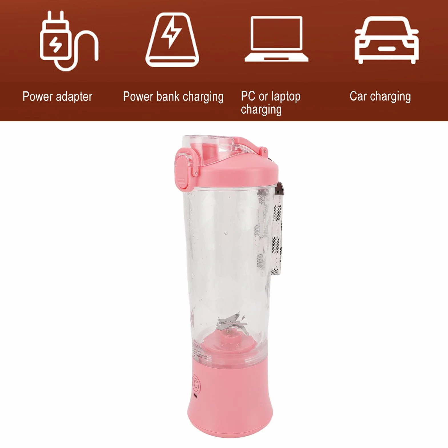 SIXRUN Batidora Portátil, Batidora Personal Recargable por USB con Taza de Acero Inoxidable ABS de 600 Ml, 150 W, 18000 RPM, 2 Modos, para Viajes, Gimnasio, Escuela, Oficina, Batidos y Batidos (PINK)