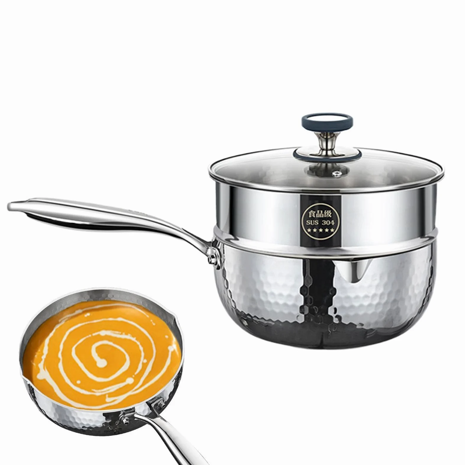Cazo De Salsa Recipiente de Acero Inoxidable con Asa y Pico Vertedor | Cazo Pequeño Para Vapor Y Salsas Para Cocinar En Casa: Freír, Hervir, Cocer A Fuego Lento, Sopas Y Comidas Saludables