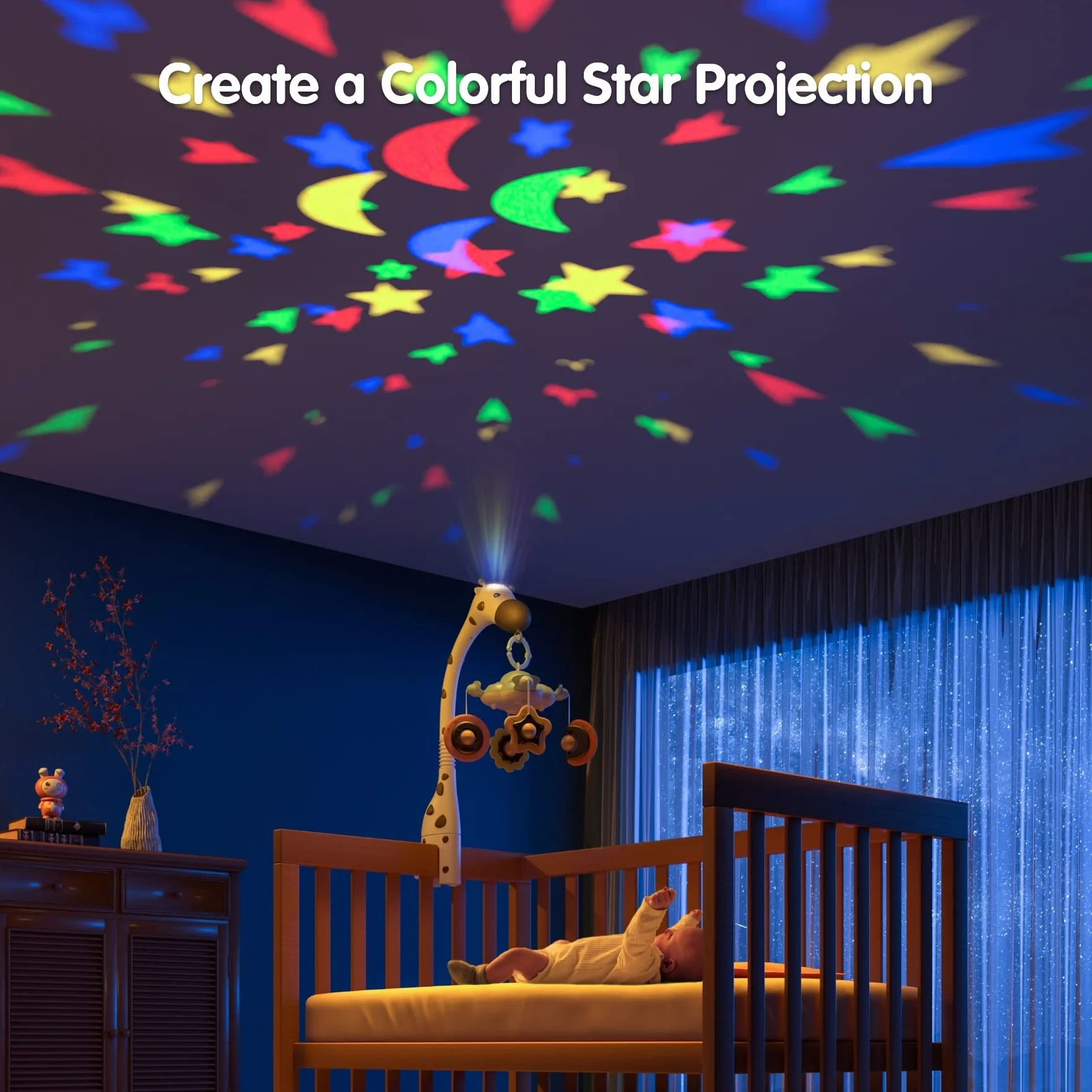 TUMAMA Movil Cuna Bebe, Juguete de Cuna 3 en 1 con Control Remoto, luz Nocturna de proyección, música y Ruido Blanco, Juguetes sensoriales de guardería Nacido recién