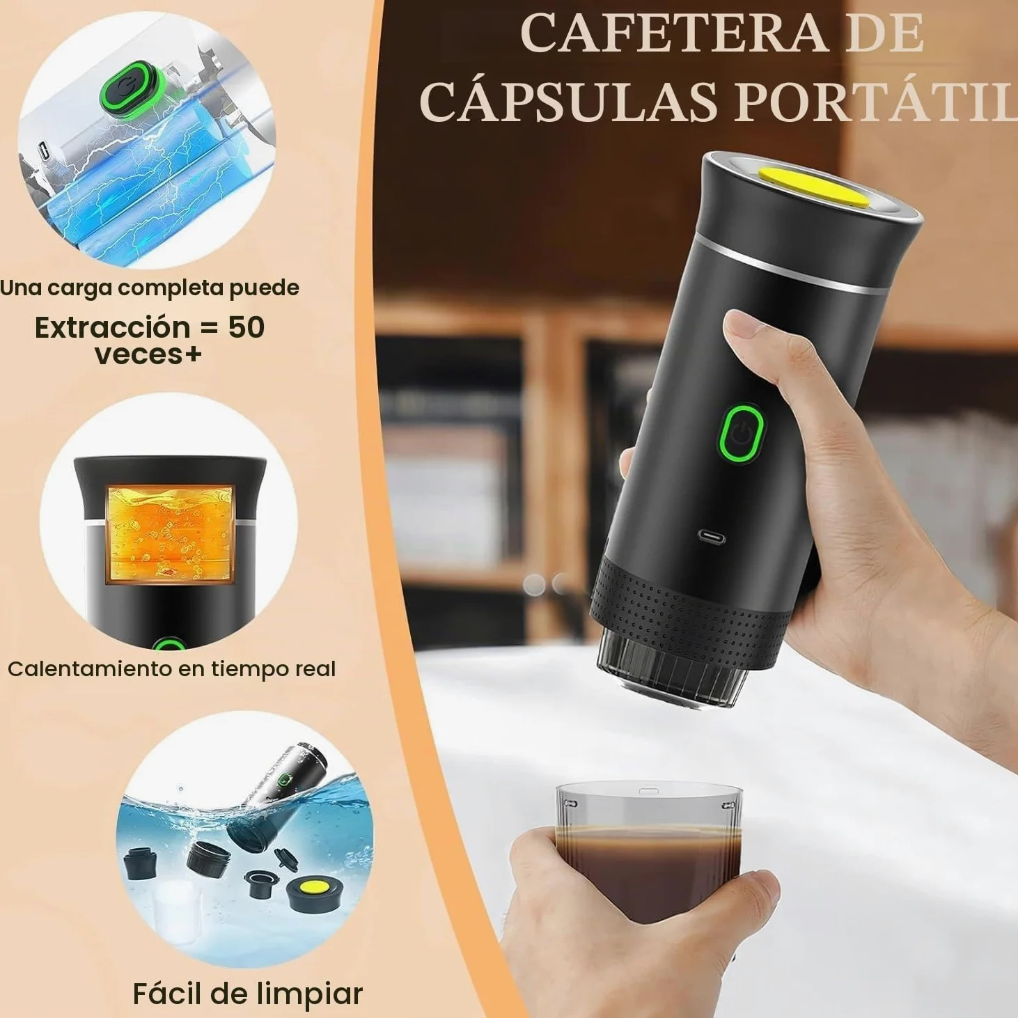 Máquina de café expreso portátil, autocalentamiento de 4 a 6 minutos, cafetera portátil 3 en 1, carga de tiempo lento, 50 cápsulas, para una pequeña