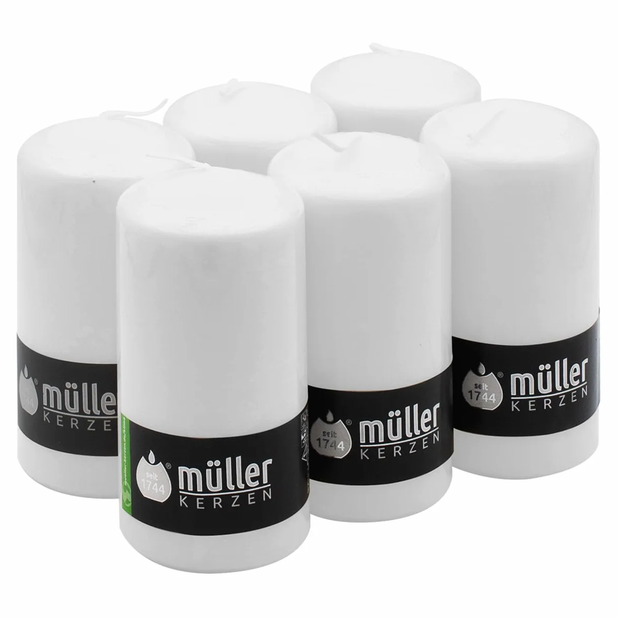 Müller - Juego de 6 velas blancas de columna cilíndrica, color blanco, 68 x 135 mm, larga duración de 40 horas, cera antigoteo, sin olor, calidad RAL