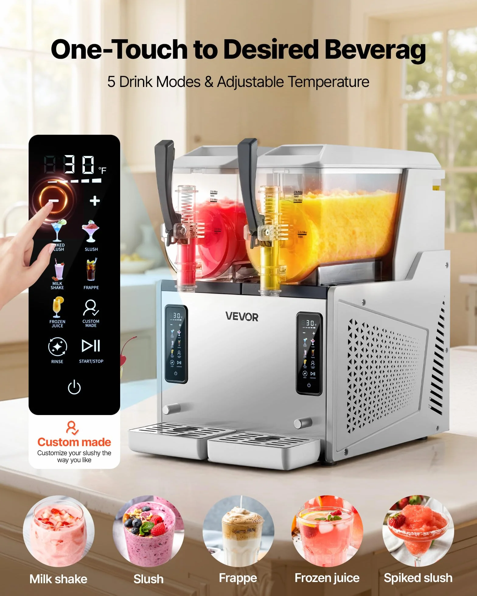 VEVOR Máquina para Hacer Granizados con 2 Tanques de 3 L, Máquina de Granizado de Hielo para Hogar, sin Necesidad de Hielo, 5 Programas Preestablecidos, para Hacer Margaritas, Frappés, Batidos