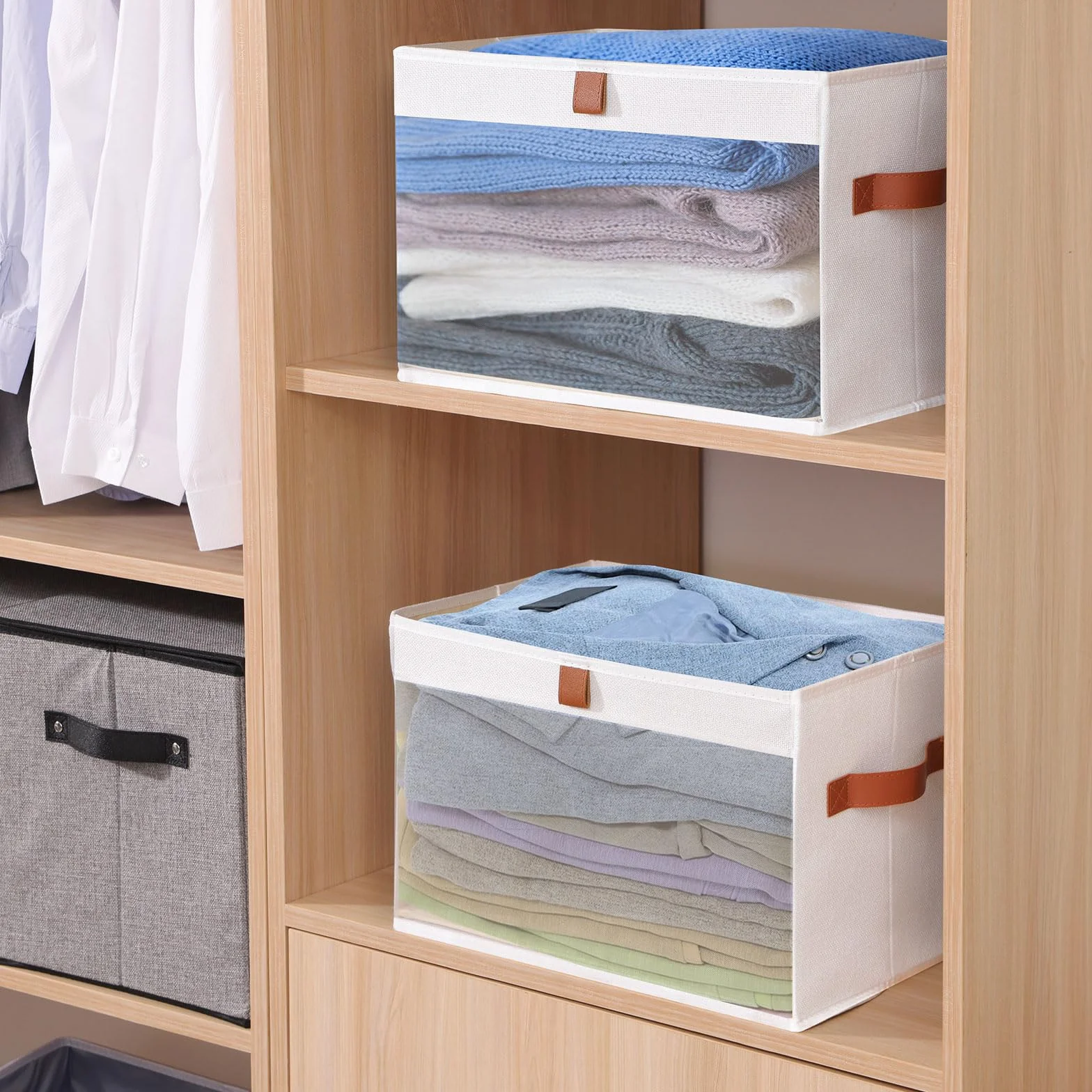Caja de Almacenamiento Plegable con Ventanas y Manijas Transparentes para Armarios