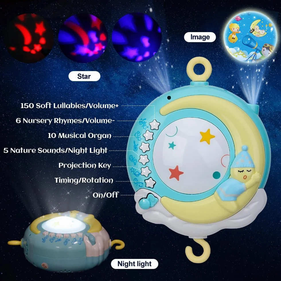 Mini Tudou Móvil para cuna de bebé cuna con musica y luces, función de temporización, Proyección, quitar el sonajero y caja de música, para bebes chicos Niñas pequeñas (azul)