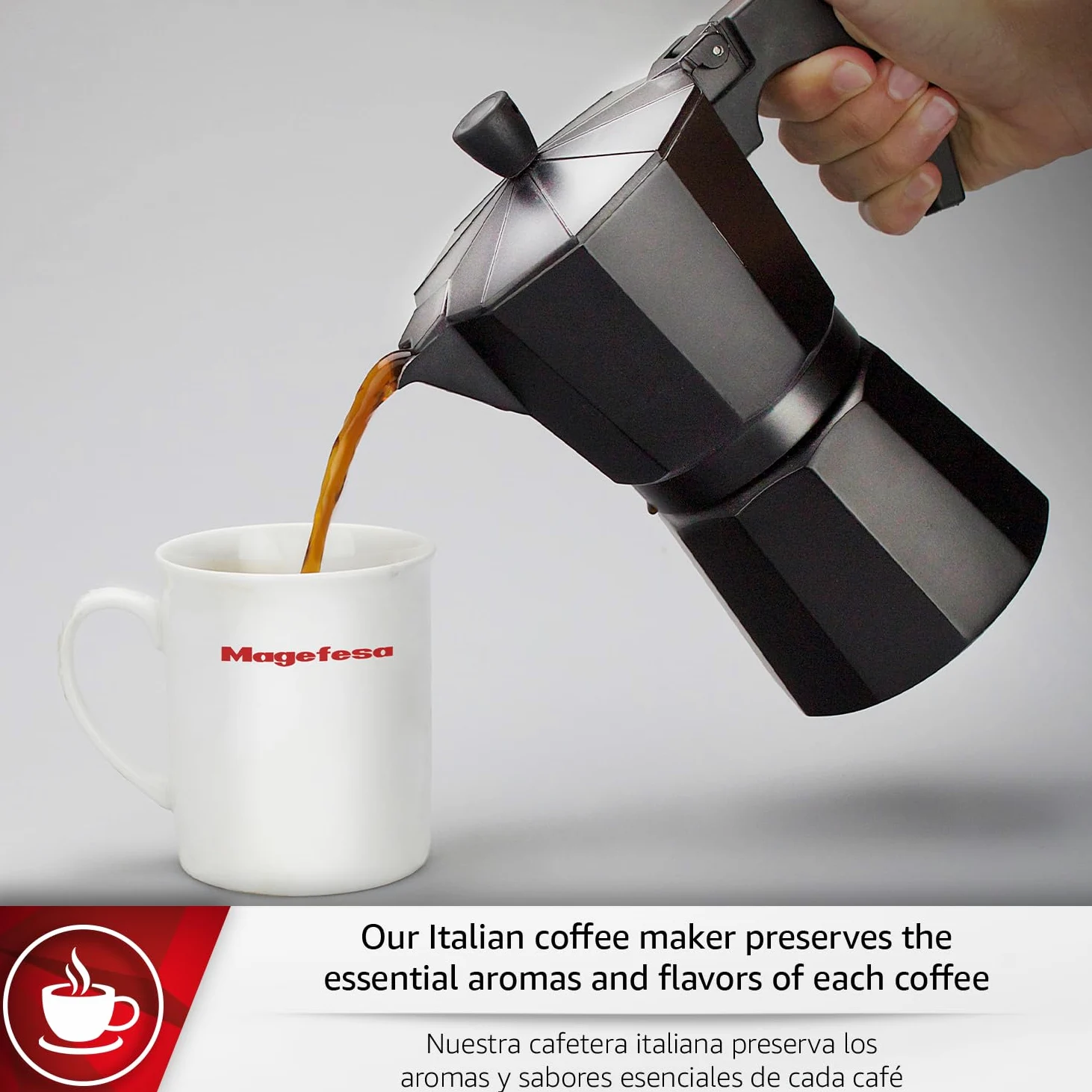 Magefesa Kenia Noir - Placa moka espresso, 3 tazas, 142 g, cafetera italiana, para café cubano, aluminio extra grueso, mango resistente al calor, segura y fácil de usar, Greca