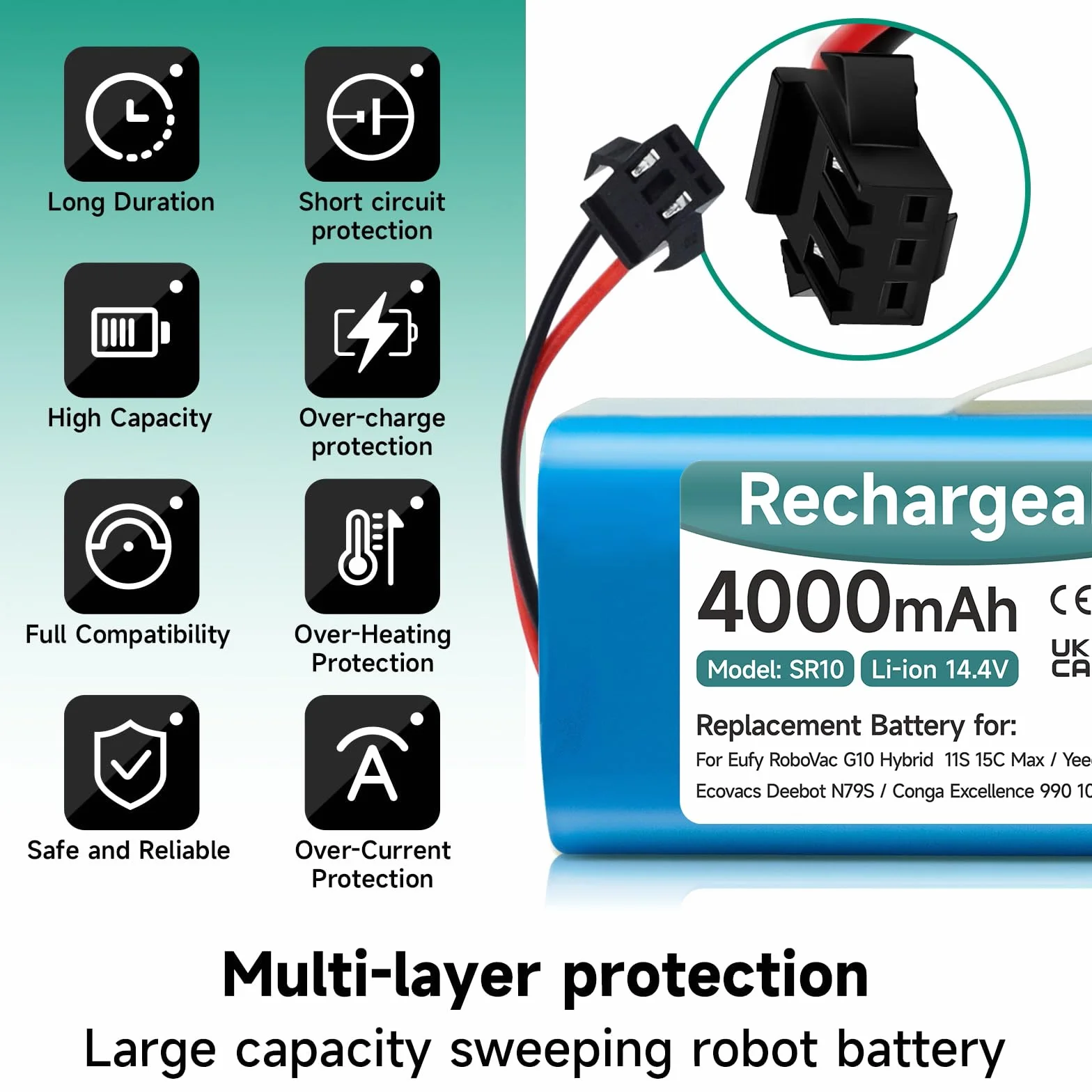 4000mAh 14,4V Batería para Conga 990 1090 1790,Conga 2290 Ultra,Venga RVC 3000, Neatsvor x500,Ikonhs netbot S14/S15,Proscenic 850T, Ultenic D5/D5s,Tesvor S6/X500,Eufy RoboVac 11s/30c/G10