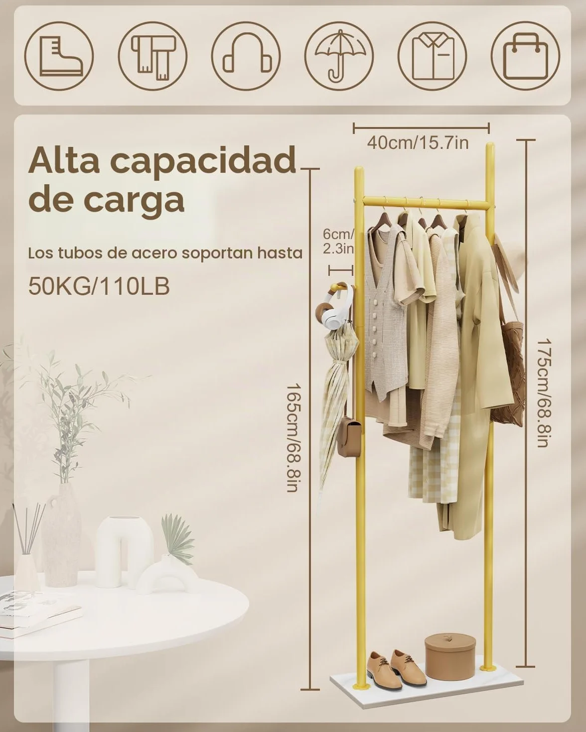 Perchero de Pie, Metal Perchas Independientes, 50x30x175 cm, Golden | Gran Colgador de Ropa Moderno Resistente con Placa Inferior de Roca Gruesa y 2 Ganchos, para Oficina, Dormitorio