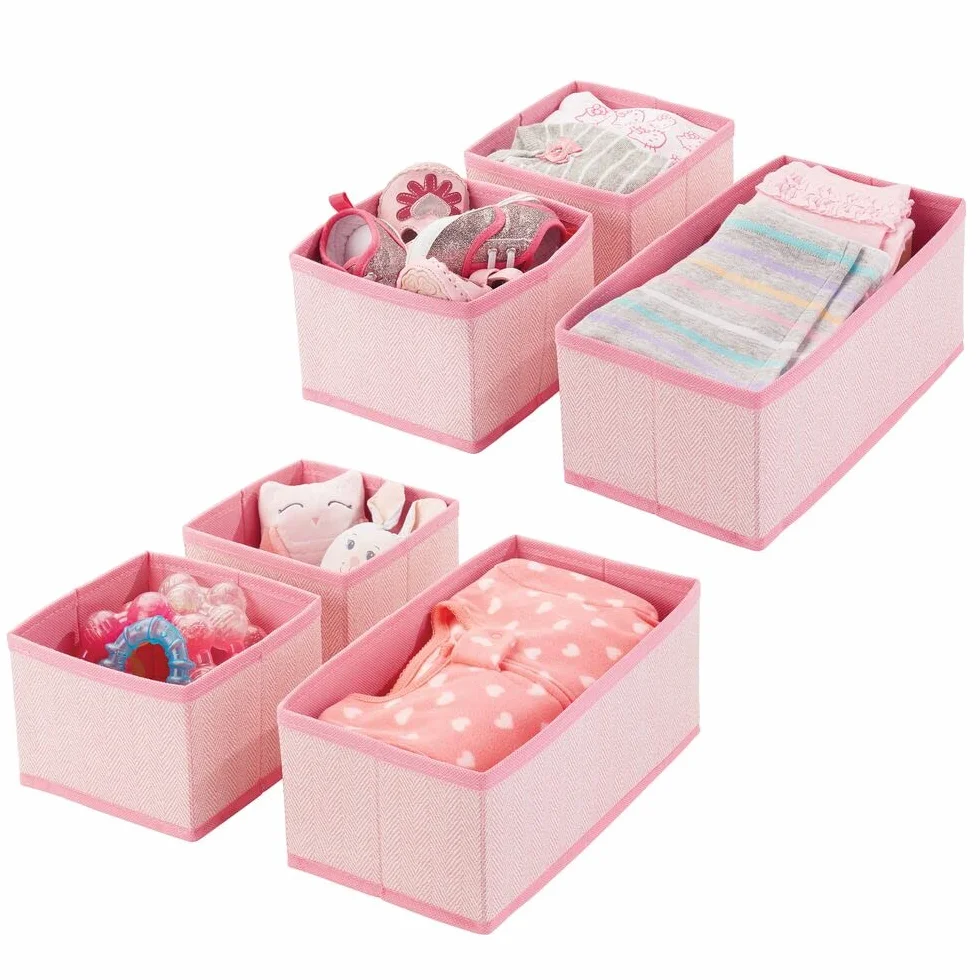 mDesign Juego de 6 cajas organizadoras de tela transpirables con patrón en espiga para habitación infantil - rosa