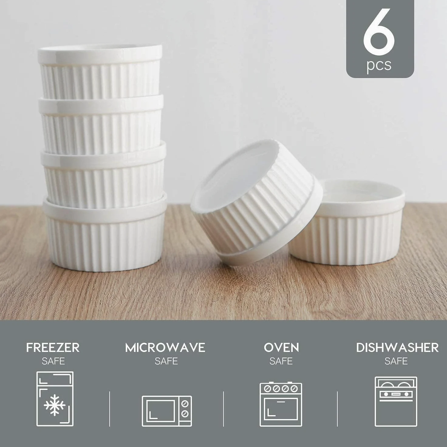 Samsle Juego de 6 ramequines de porcelana de 6 onzas para crema brulee, souffle, pasteles de lava, pudín, tazas de natillas para hornear y sumergir, aptos para horno, blanco de 3.7 pulgadas