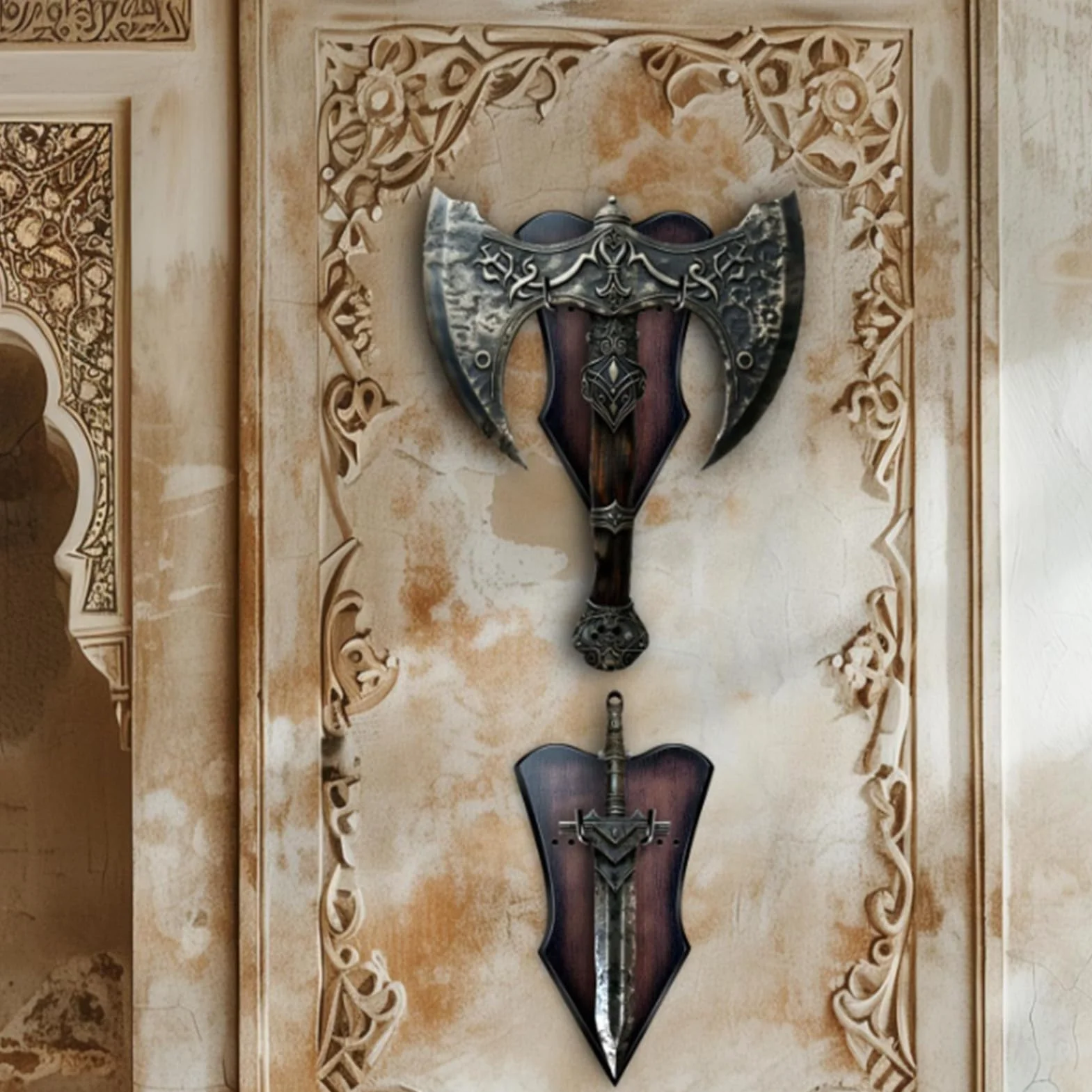 Soporte de Espada de Pared Ajustable de Madera para Exhibición Medieval y Hacha