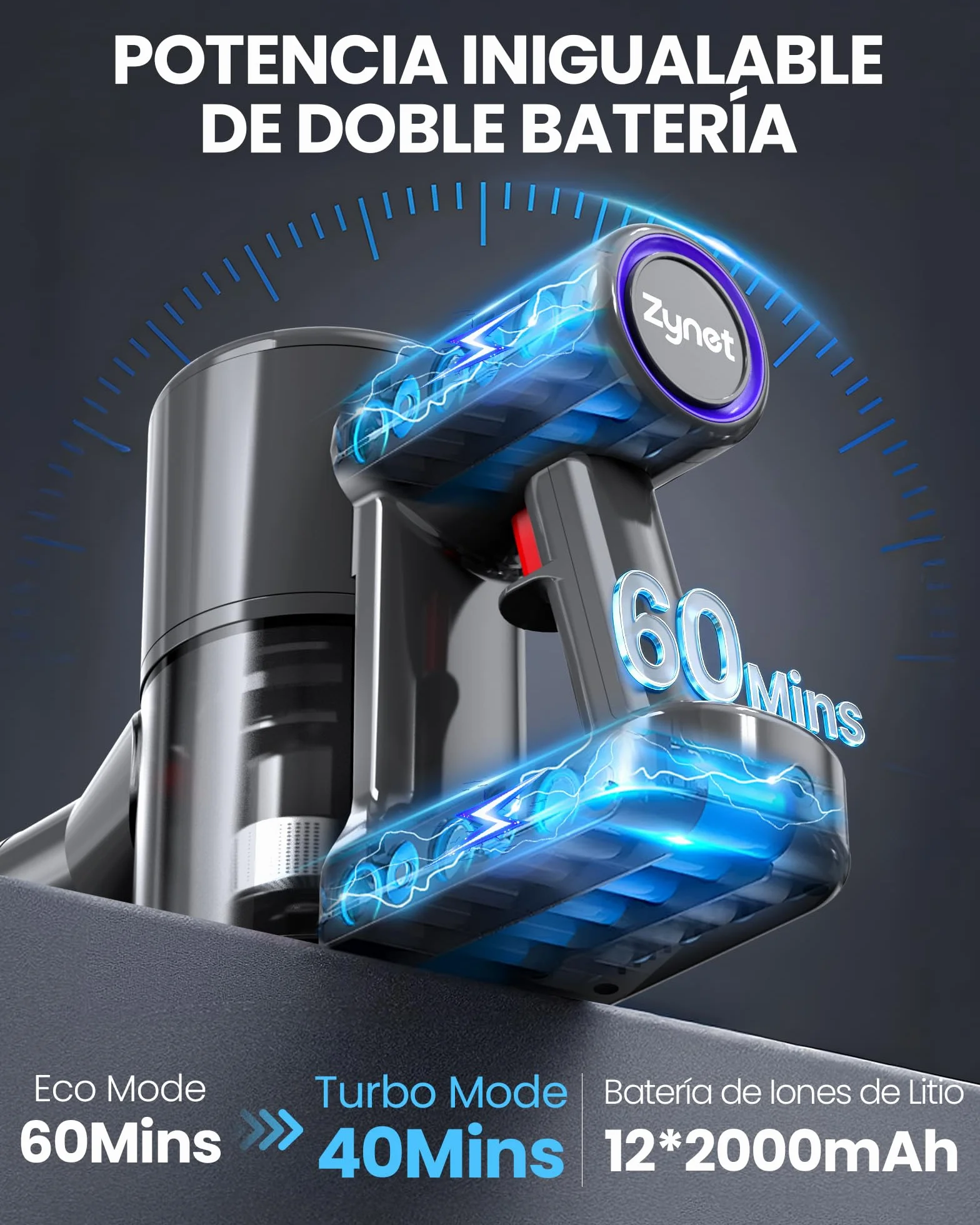 DP2 Aspiradora Sin Cable con Doble Batería, 45KPa/60Min/500W, Pantalla LED, Tubo Telescópico, Autónomo, Luz Verde, Aspiradora Escoba Sin Cable para Pelo de Mascotas/Alfombras/Suelos Duros
