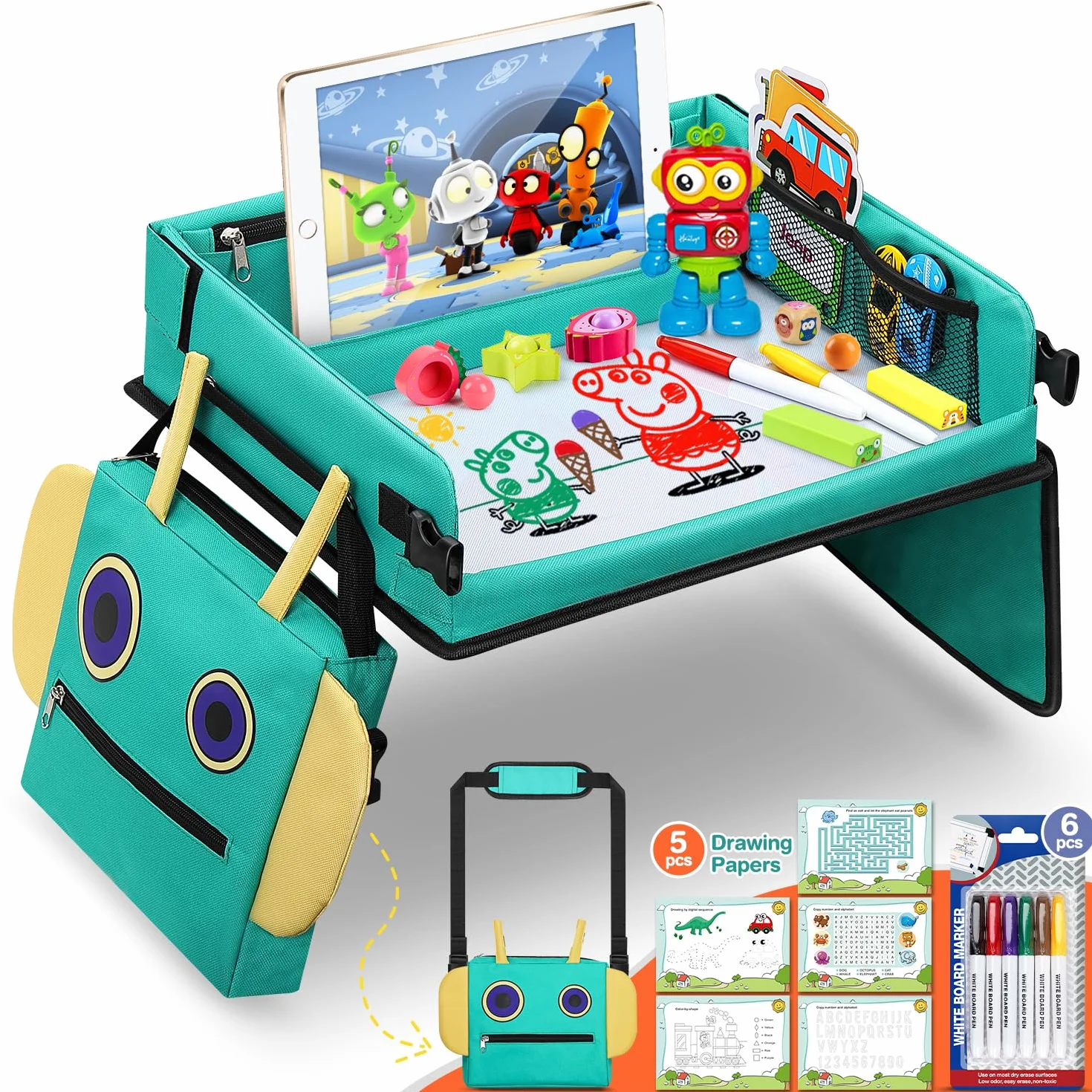 COOLJOY Mesa Coche Niños Bandeja Viaje Impermeable Plegable con Papeles Dibujo Educativo