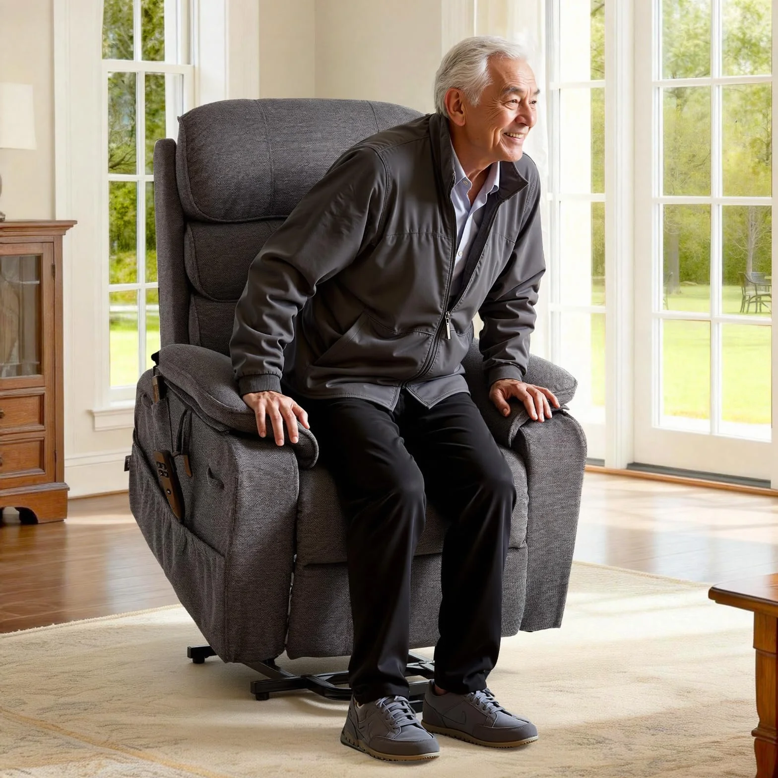VEVOR Sillón Relax Reclinable Eléctrico, Sillón Reclinable Levantapersonas, con Reposapiés Calefacción Masaje Mando a Distancia Bolsillos Laterales, Tela Chenilla, para Salón Dormitorio, Gris Oscuro