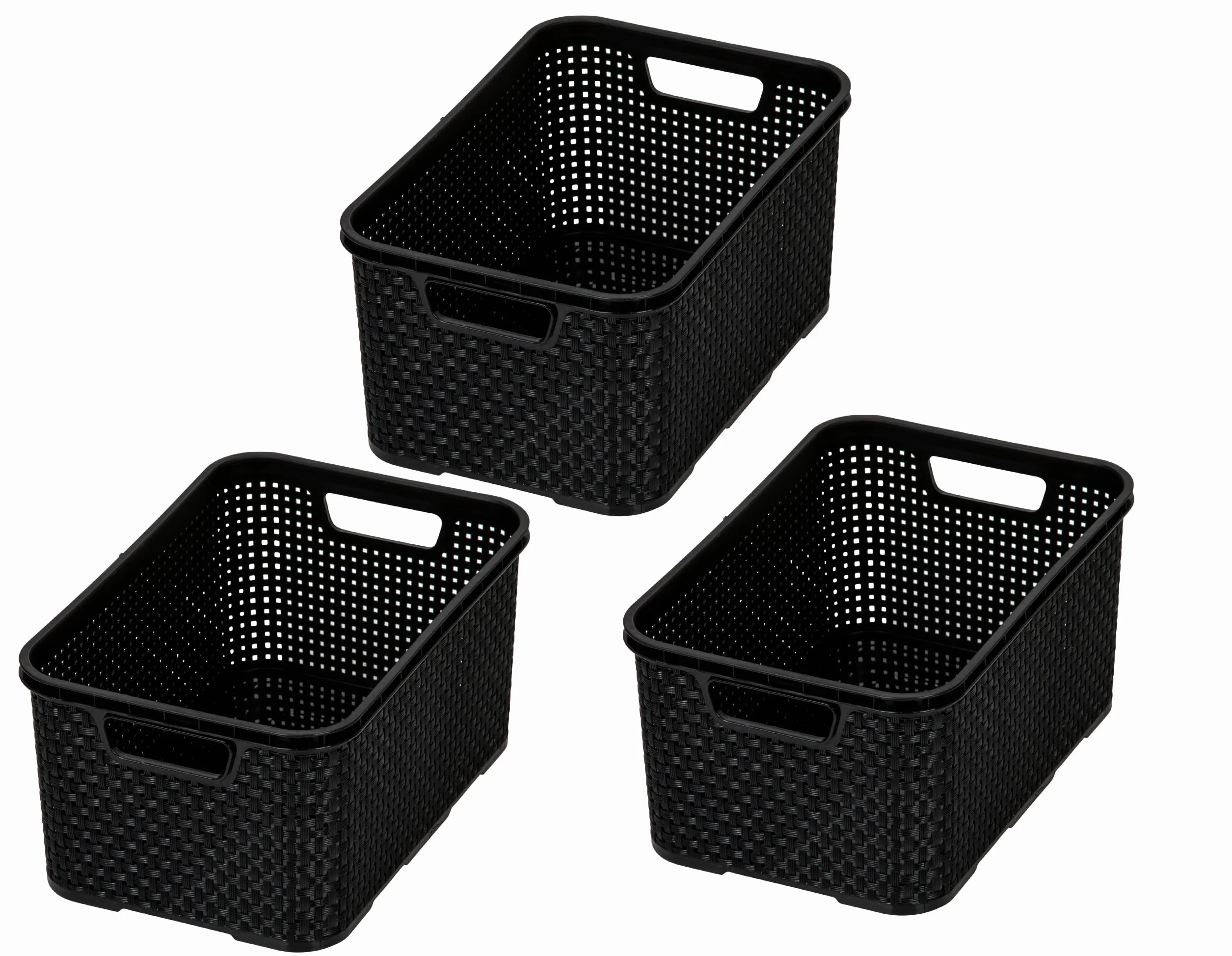 BranQ - Home essential - Cesta en diseño de ratán, juego de 3 unidades, tamaño S, 7 L, sin bisfenol A, plástico polipropileno, negro, 28.5 x 19.5 x 12.9 cm