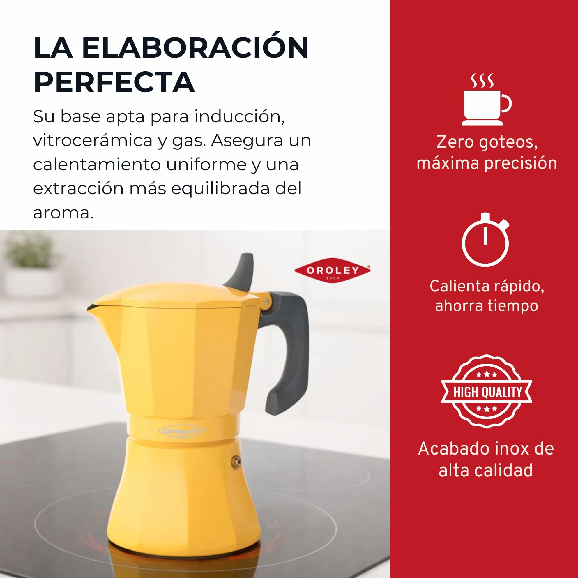 Oroley - Cafetera Italiana Petra | Base de Acero Inoxidable | Cafetera Inducción, Vitrocerámica, Fuego y Gas | Estilo Tradicional (Mostaza, 6 Tazas)