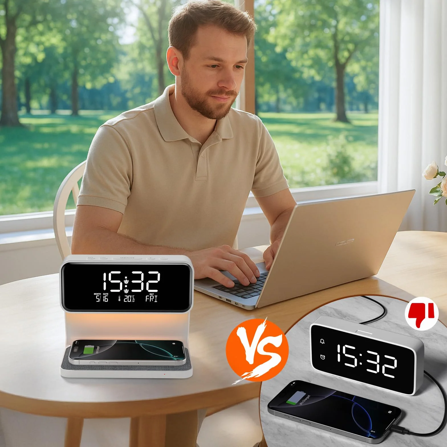 Despertador Digital, Reloj Despertador con Cargador Inalámbrico 15W, LED Pantalla Temperatura/Fecha/2 Alarmas/Snooze Ajustable/12/24H, Despertador Luz con Control Táctil para Infantil Adultos