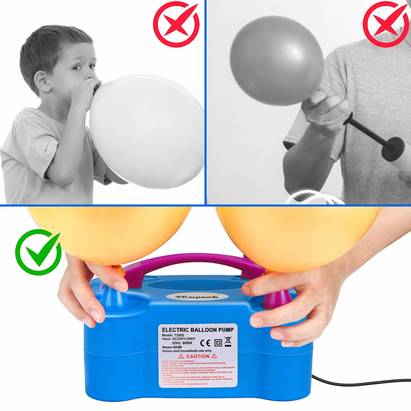 FLSEPAMB Inflador de Globos Electrico 600W ，Hinchador Balones Electrico con 2+2 Boquillas, Maquina Inflar Globos con 2 Modos de Inflado para Decoraciones de Cumpleaños, Fiestas y Bodas