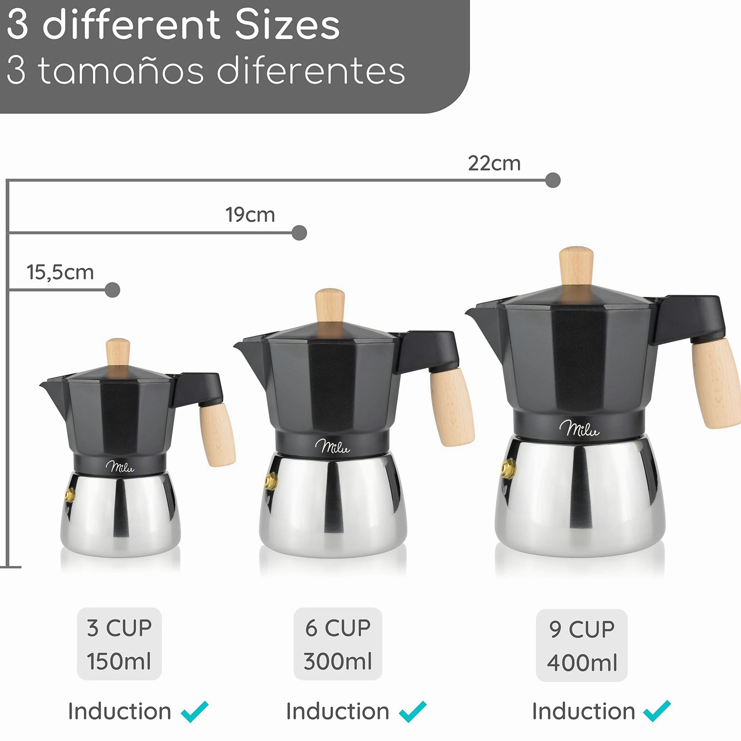 Milu Cafetera Italiana inducción | 3, 6, 9 Tazas | Cafetera Moka de Aluminio, Expresso Maker - Set comprensivo di sottobicchiere, cucchiaio, spazzola (Negro + Mango de madera, 3 tazas (150ml)
