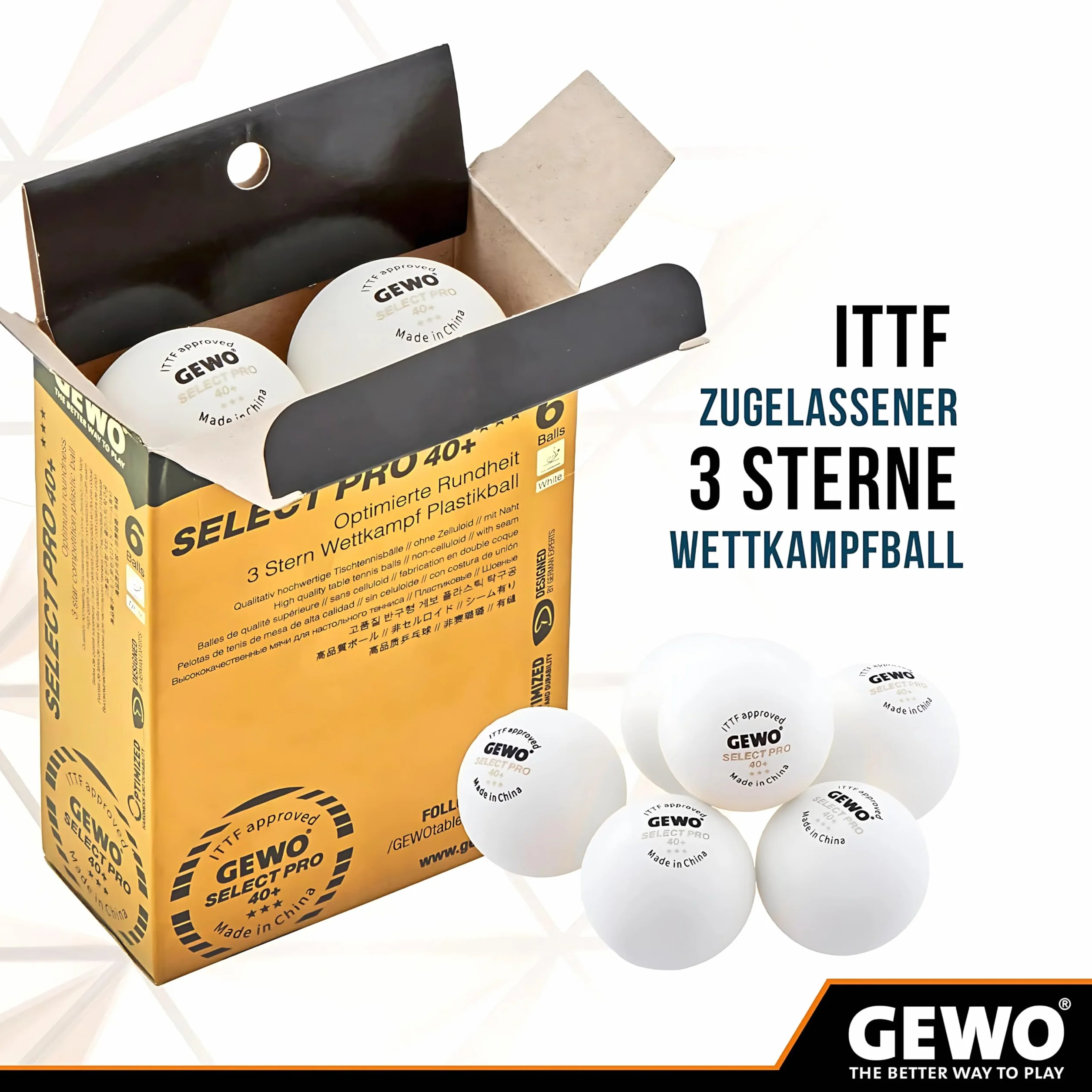 GEWO Select Pro Pelotas de Ping Pong de Mesa 3 Estrellas 40+ ITTF 40 mm Blanco 6 Unidades