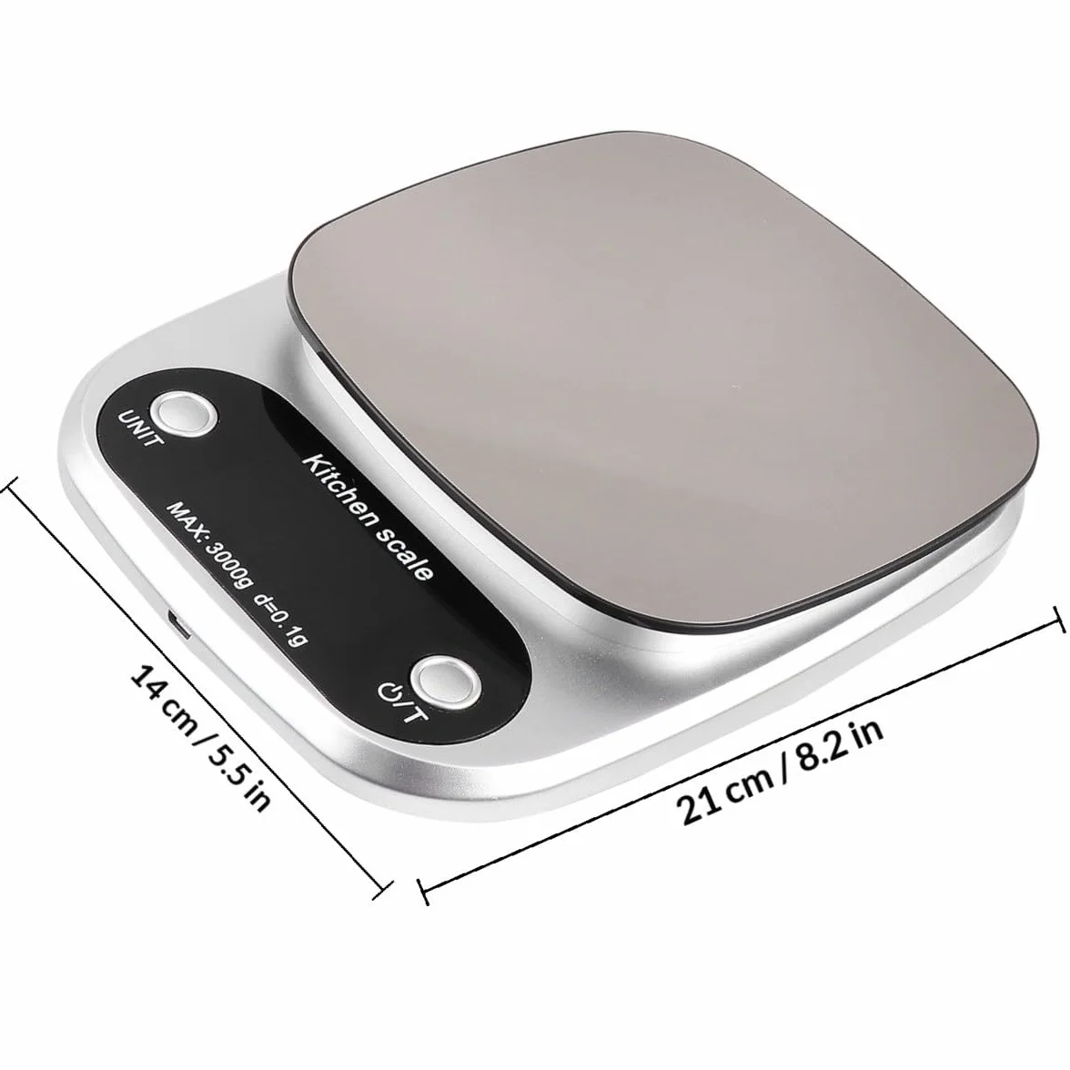 UKCOCO Báscula Sensor de Alta Precisión de Cocina Digital de Acero Inoxidable Recargable 3 Kg y Pantalla Lcd para Uso en Cocina y Joyería