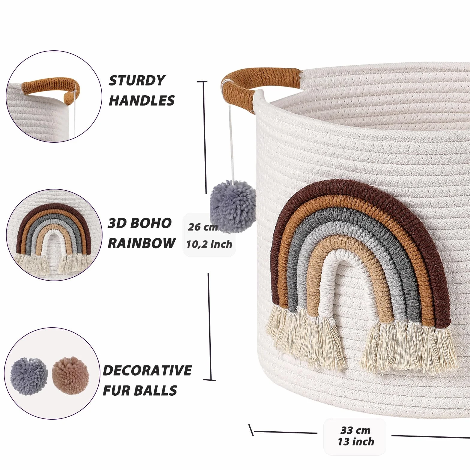 Cestas de Almacenamiento de Juguetes para Niños, Cesta de Cuerda de Algodón con Arcoíris 3D, Café