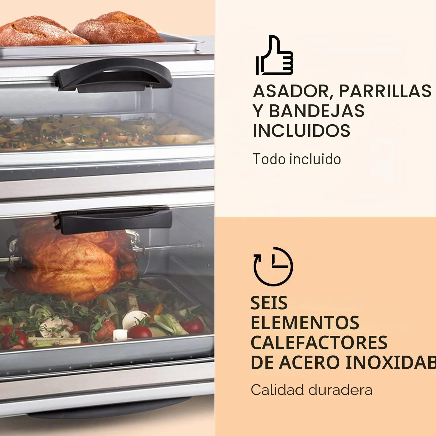 oneConcept All-You-Can-Eat Horno eléctrico doble - 2 cámaras de cocción, Parrilla superior, Capacidad Total 42 L, 2400 W, Temperatura: 60-240°C, Temporizador, Acero inoxidable, Plateado