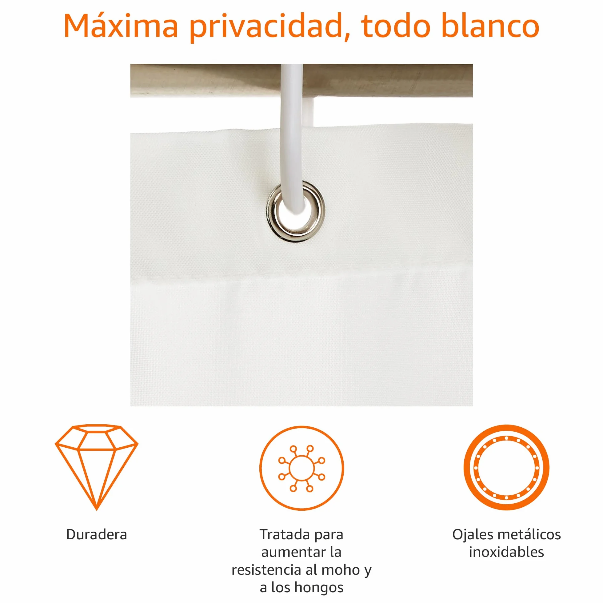 Amazon Basics Cortina de Ducha de Tela Resistente al Agua y al Moho, con Ojales y Ganchos, Lavable a máquina, 180 x 180 cm, Color Blanco
