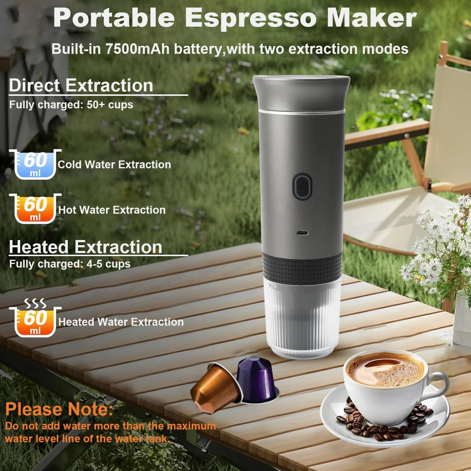 Máquina de café expreso portátil,Cafetera Cápsula de Espresso 3 en 1 | 15 bar,7500mAh,Autocalentamiento,compatible con cápsulas Nes y DG y café molido,para Oficina Viaje Camping(con bolsa)